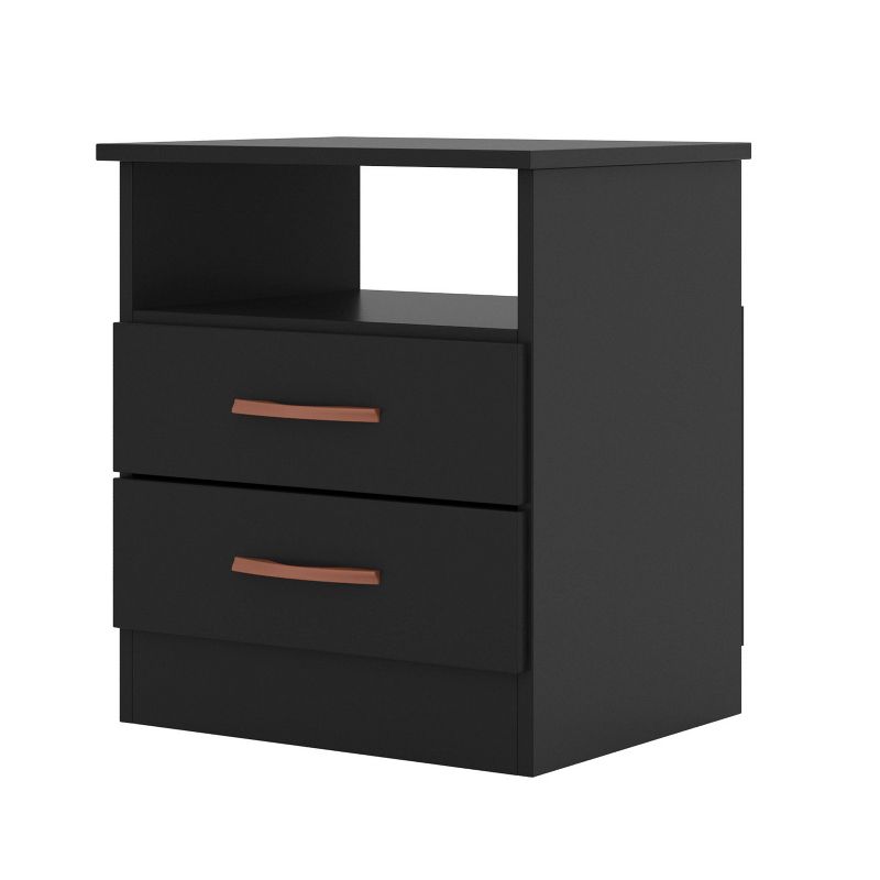 Wooden End Side Table Nightstand with 2 Drawers and 1 Open Compartment Black - The Urban Port
