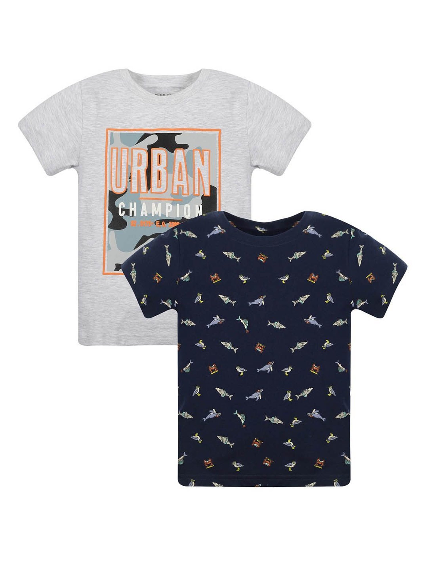 Plum Tree Kids Grey & Navy Printed T-Shirt (Pack Of 2)
