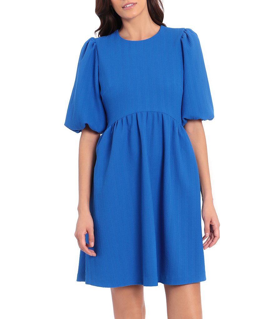 Maggy London Seer Sucker Puff Sleeve Jewel Neck Baby Doll Dress