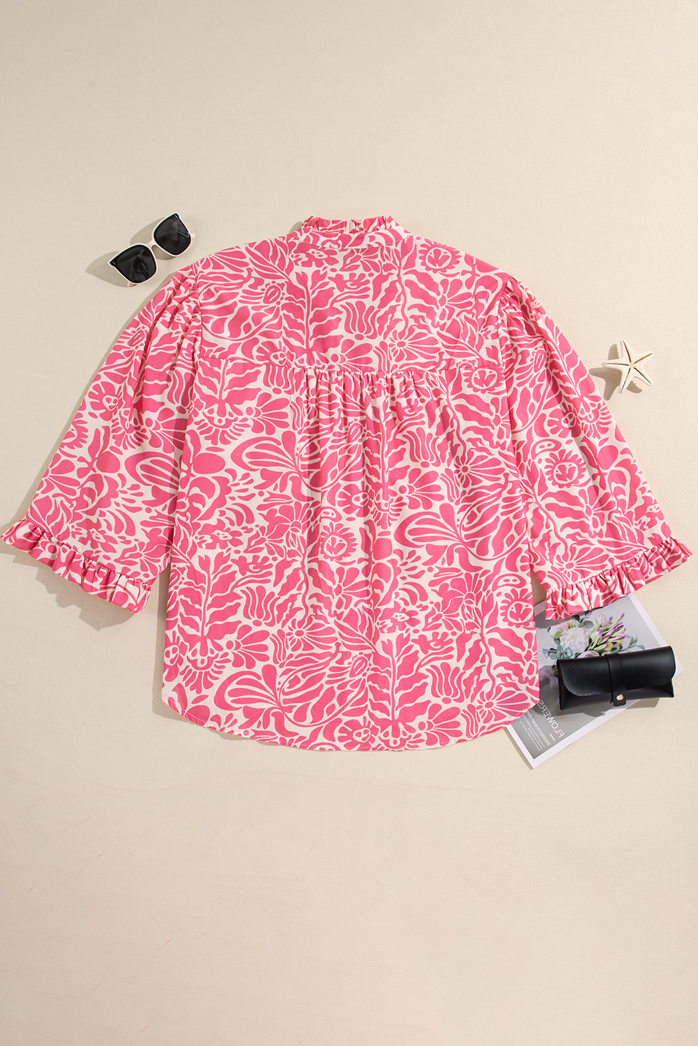 Pink Plus Size Floral Print Frilled Neck Puff Sleeve Blouse