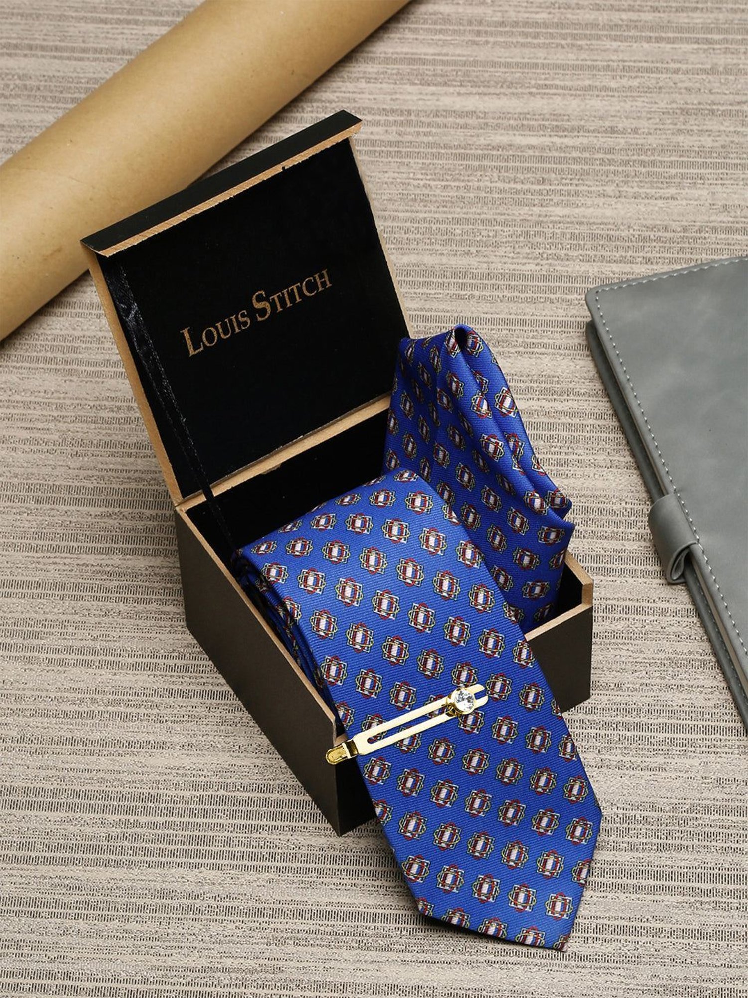 Louis Stitch Blue Printed Necktie Gift Set - Set of 3