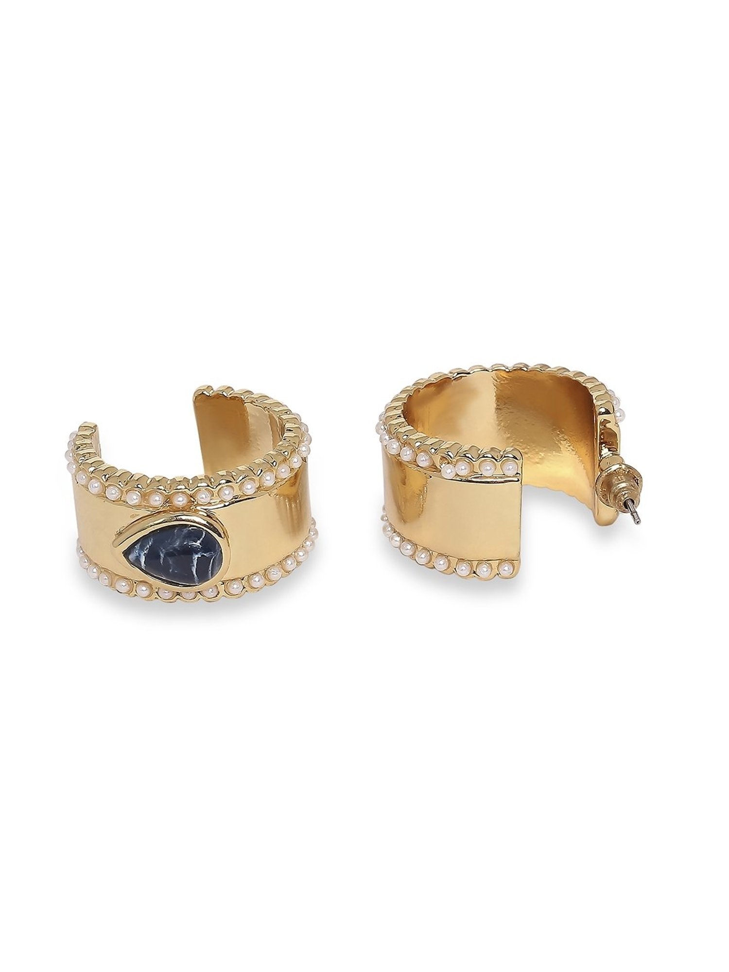 Lilly & Sparkle Gold-Toned Pearl and Blue Stone Studded Hoop Earrings