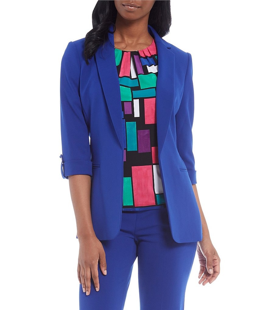 Calvin Klein Petite Size Stretch Scuba Crepe Notch Lapel Collar Roll-Tab Sleeve One-Button Front Jacket