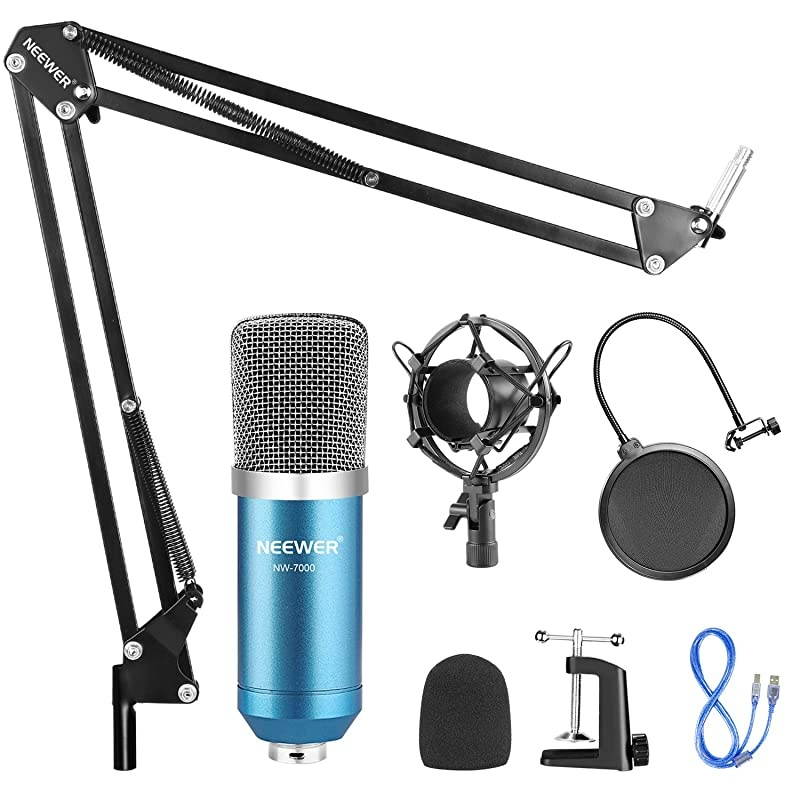 USB Microphone for Windows and Mac with Suspension Scissor Arm Stand Shock Mount Pop Filter USB Cable and Table Mounting Clamp Kit for Broadcasting and Sound Recording Blue and Silver