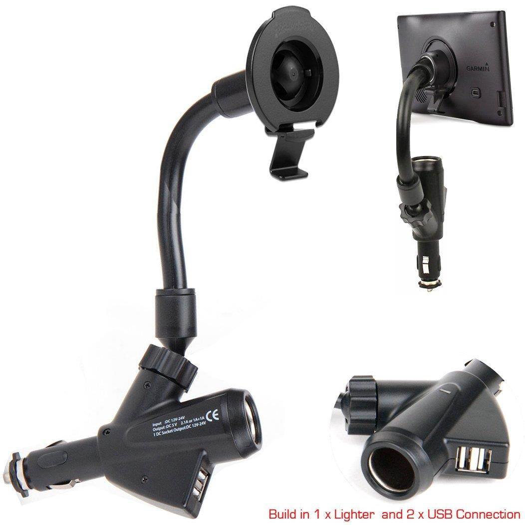 ChargerCity Cigarette Lighter Socket Mount w_Dual USB Port for Garmin Nuvi 52 52LM 55 55LM 55LMT 56 57 57LM 57LMT58 65 65LM 6