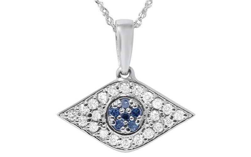 Pompeii3 1/4ct Blue & White Diamond Evil Eye Pendant 14K White Gold W/ 18" Chain & Box
