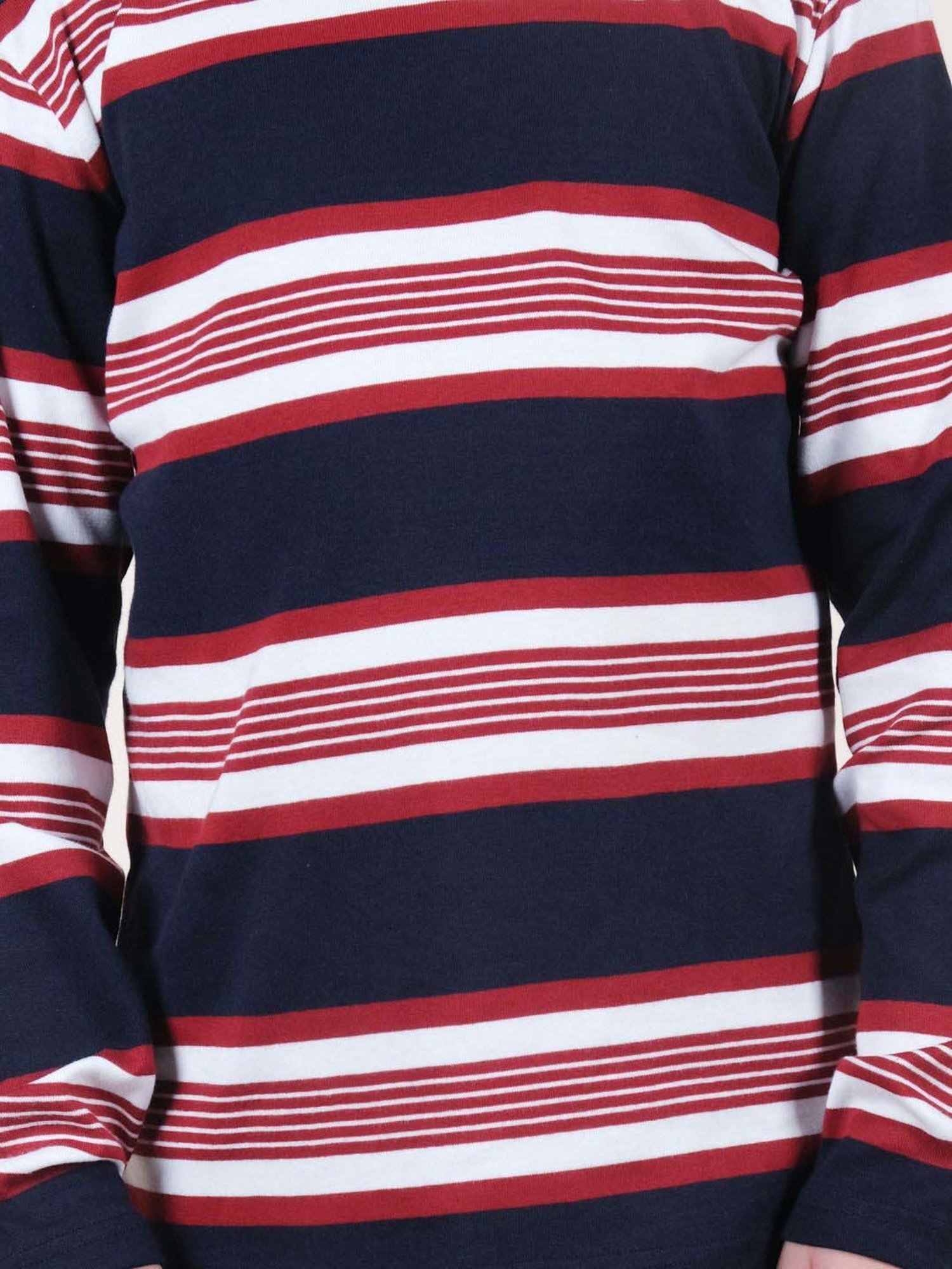 Kiddopanti Boys Navy & Red Cotton Striped Full Sleeves T-Shirts