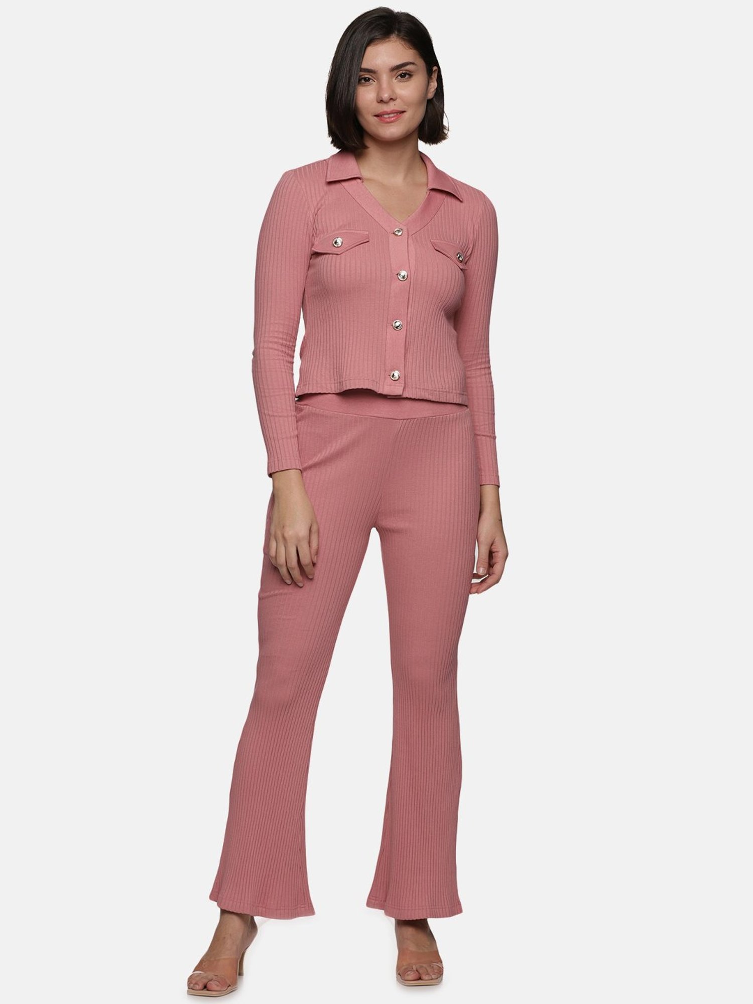 ISU Dusty Pink Cotton Slim Fit High Rise Pants