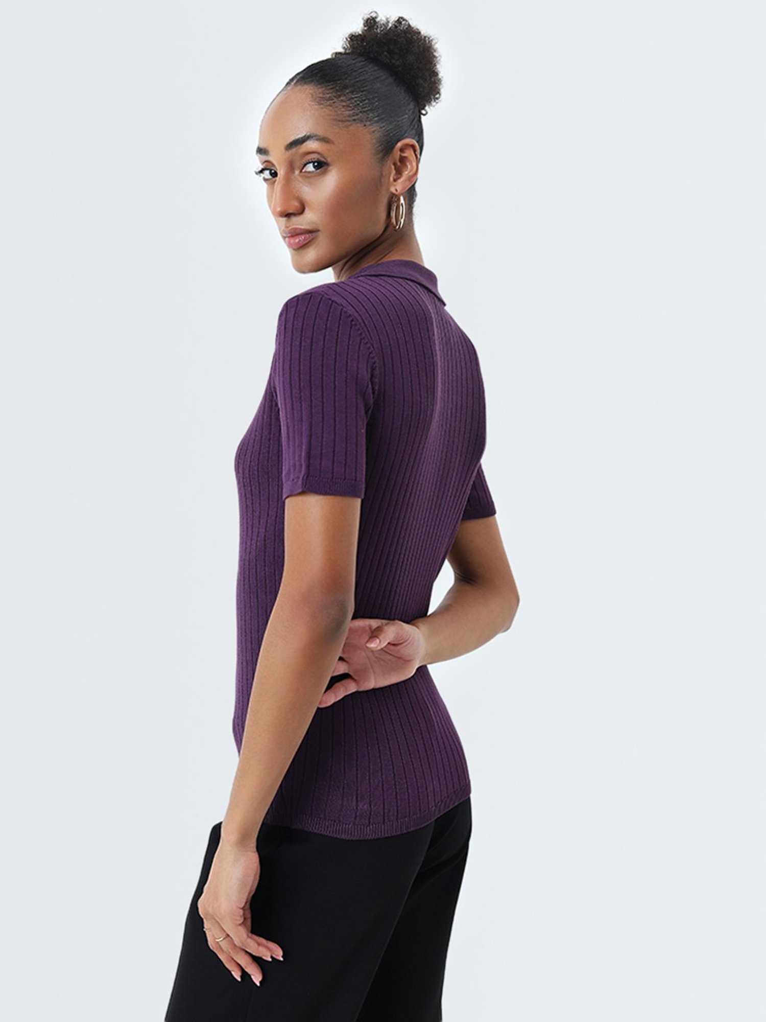 Wardrobe by Westside Purple Ribbed Textured Top