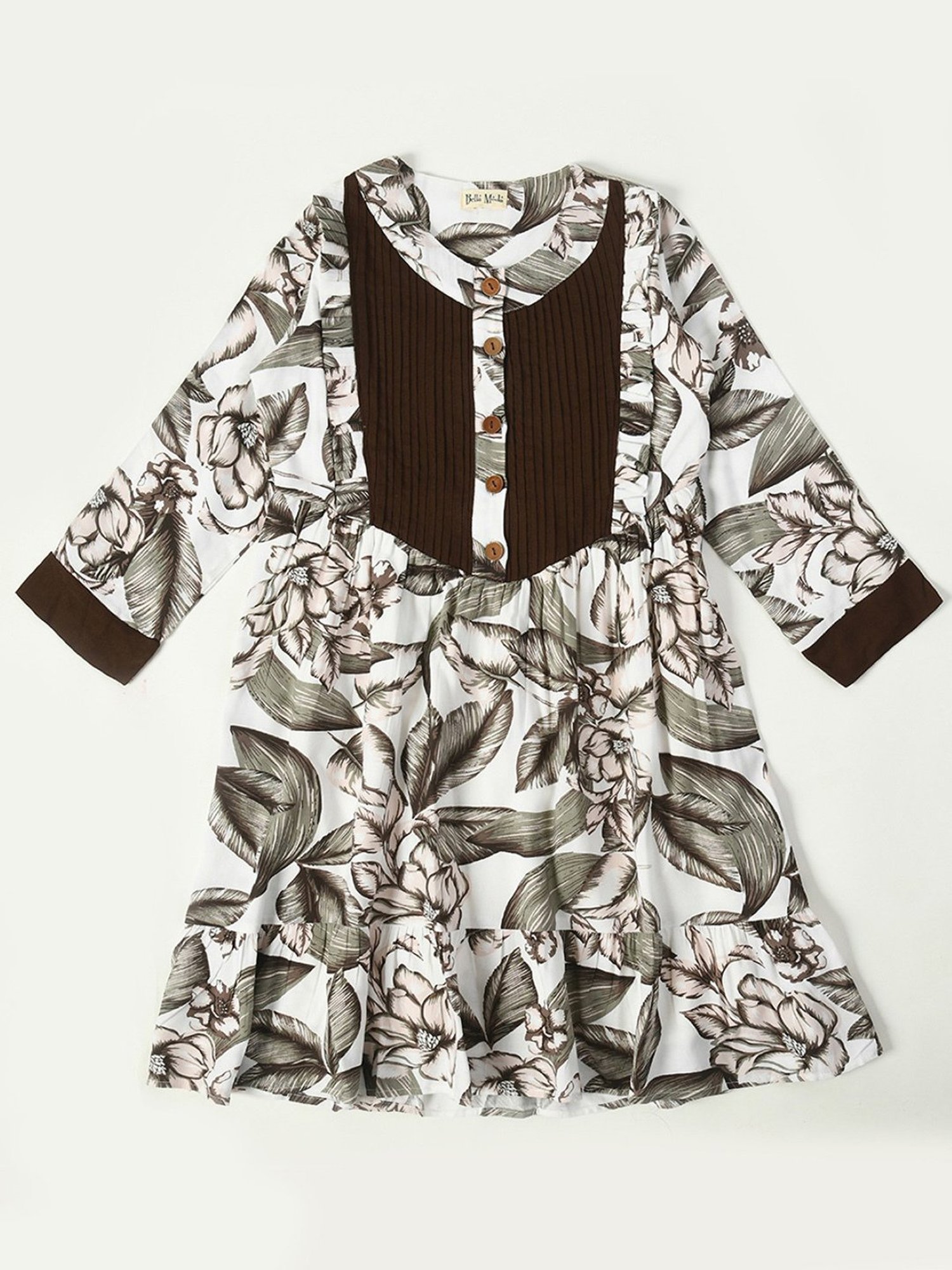 Bella Moda Kids White & Green Printed Full Sleeves Fit & Flare Dress