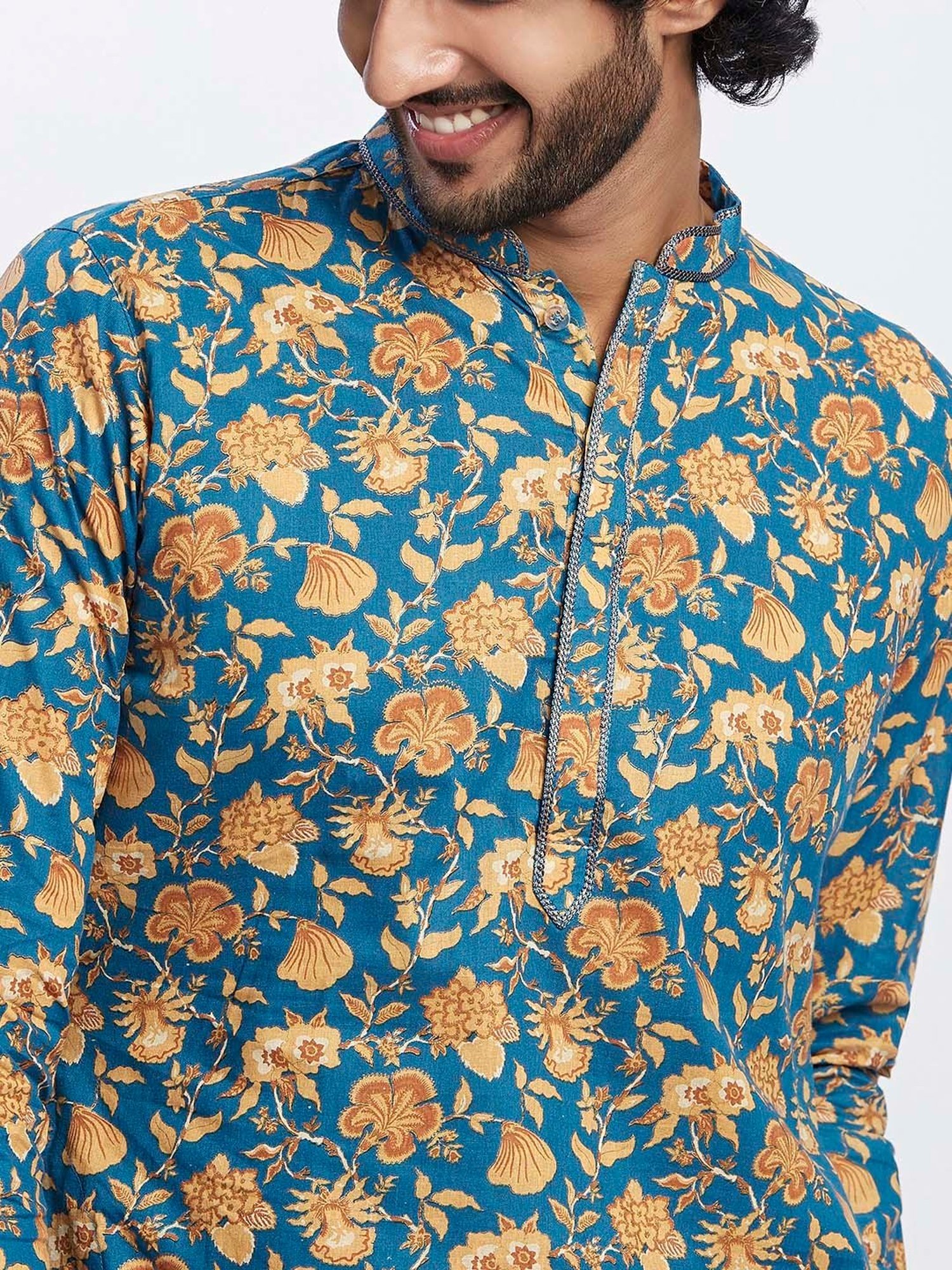 KISAH Blue & Cream Regular Fit Floral Print Kurta & Churidar Set