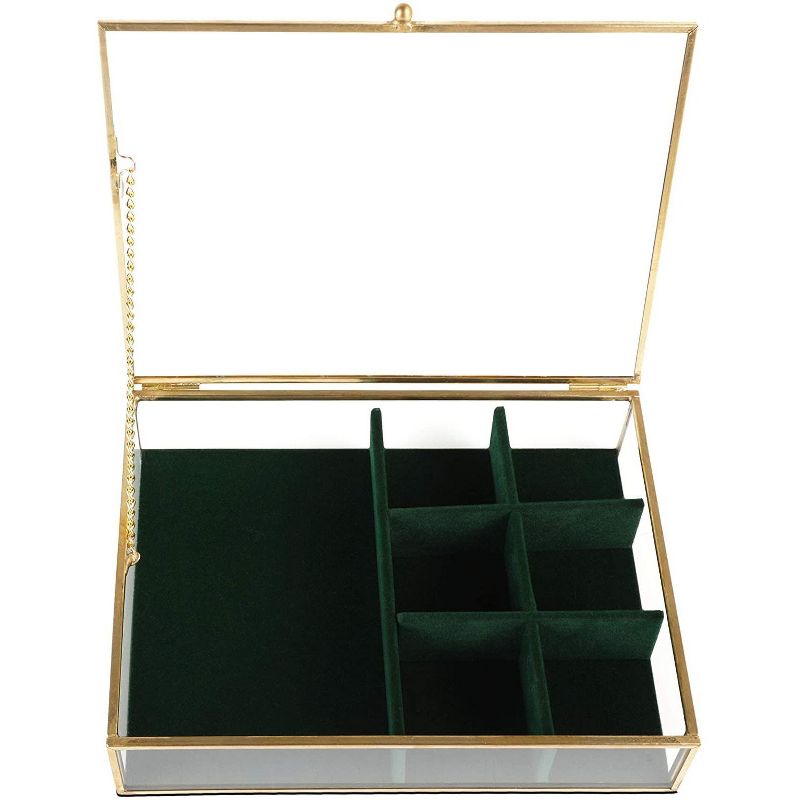 Farmlyn Creek Glass with Gold Trim Jewelry Box with Green Velvet Organizer (7.1 x 5.5 x 1.6 In)