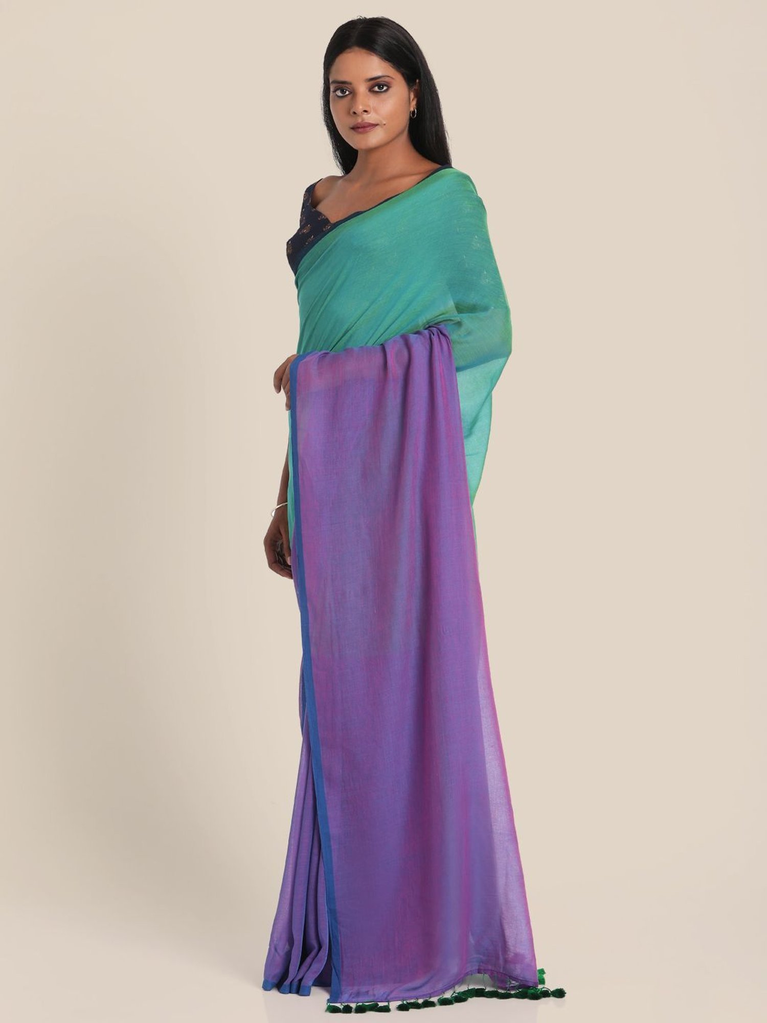 Suta Green & Purple Cotton Saree Without Blouse