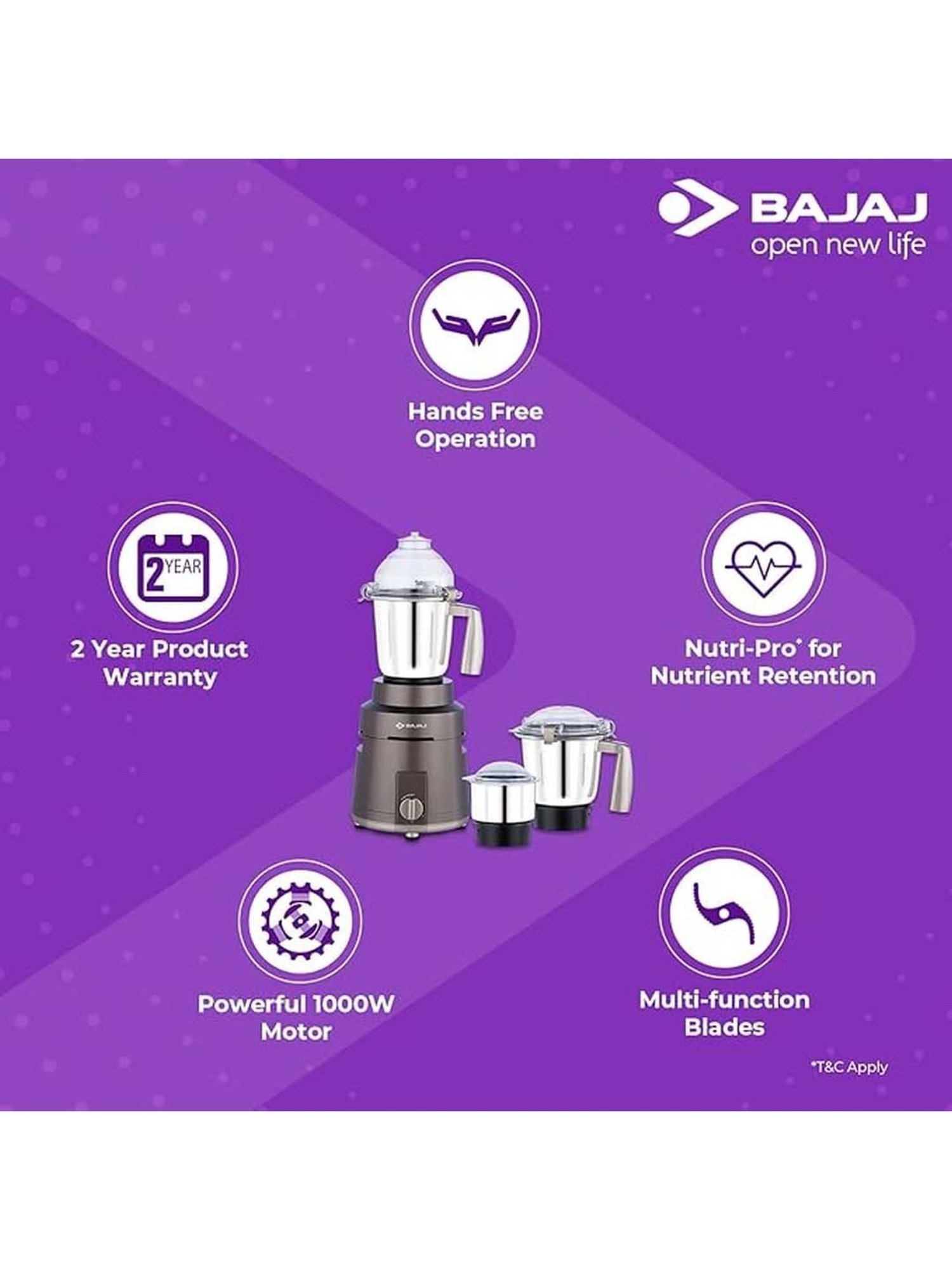 Bajaj 1000W Herculo Mixer Grinder with 3 Jars