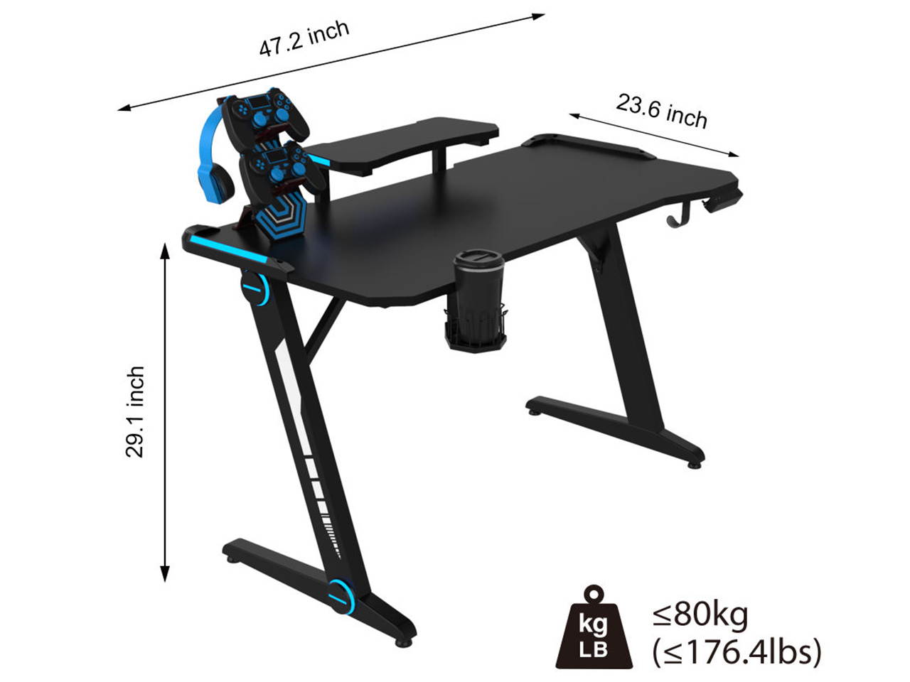 Gaming Desk, Z-Shaped Computer Desk Gamer Workstation with Monitor Stand&Carbon Fiber Surface, Gamer Table with RGB Lights,Cup Holder, Headphone Hook&Plug Board Holder