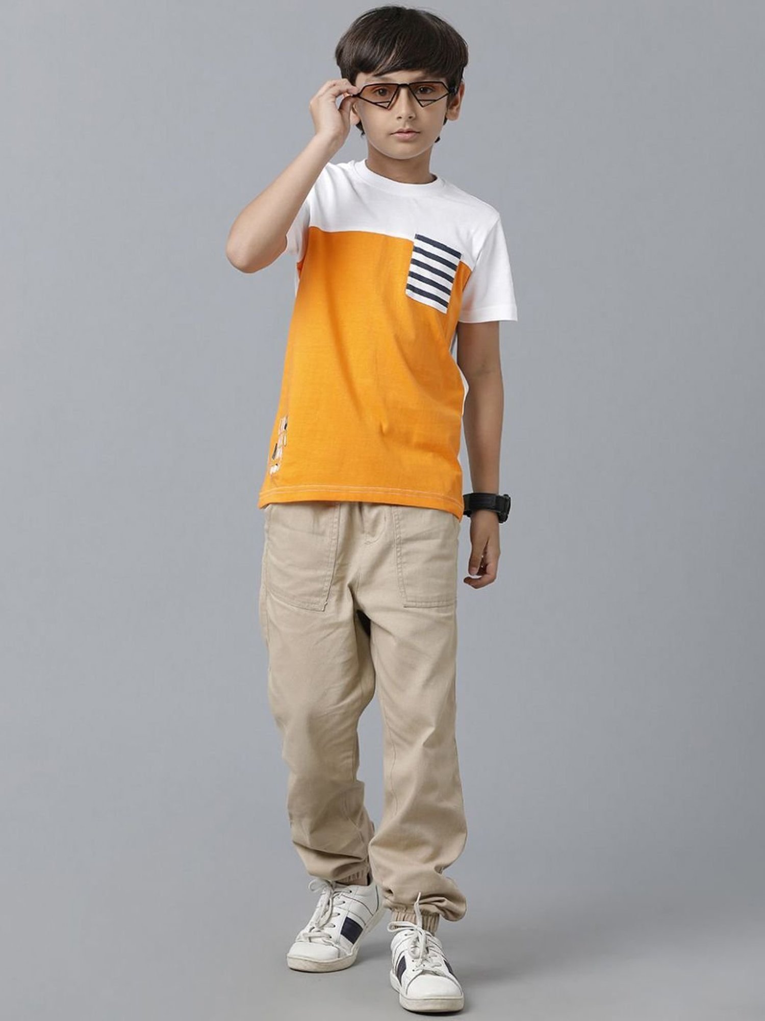 Under Fourteen Only Kids White & Orange Cotton Color Block T-Shirt