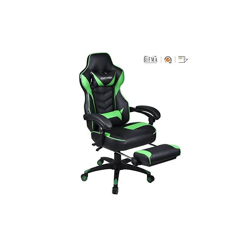 Gaming Chair Racing Office - Reclining PU Leather High Back Ergonomic Adjustable Swivel Executive Computer Desk Large Size Footrest Headrest Lumbar Support Adjustable arms Cushion