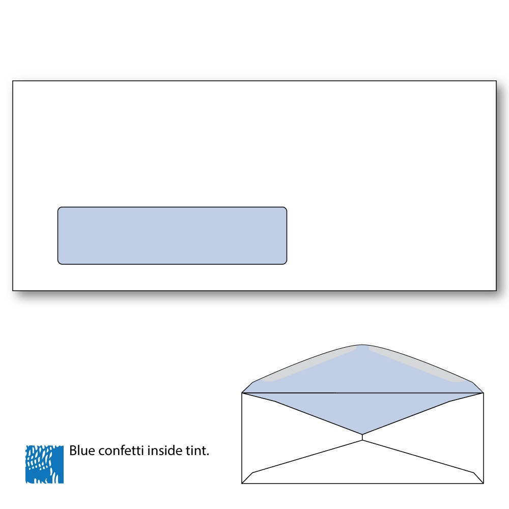 #10 Commercial Window Envelope, Blue Confetti Security Tint. Diagonal Seam, White Wove, 4-1/8" x 9-1/2". 2500 per Carton