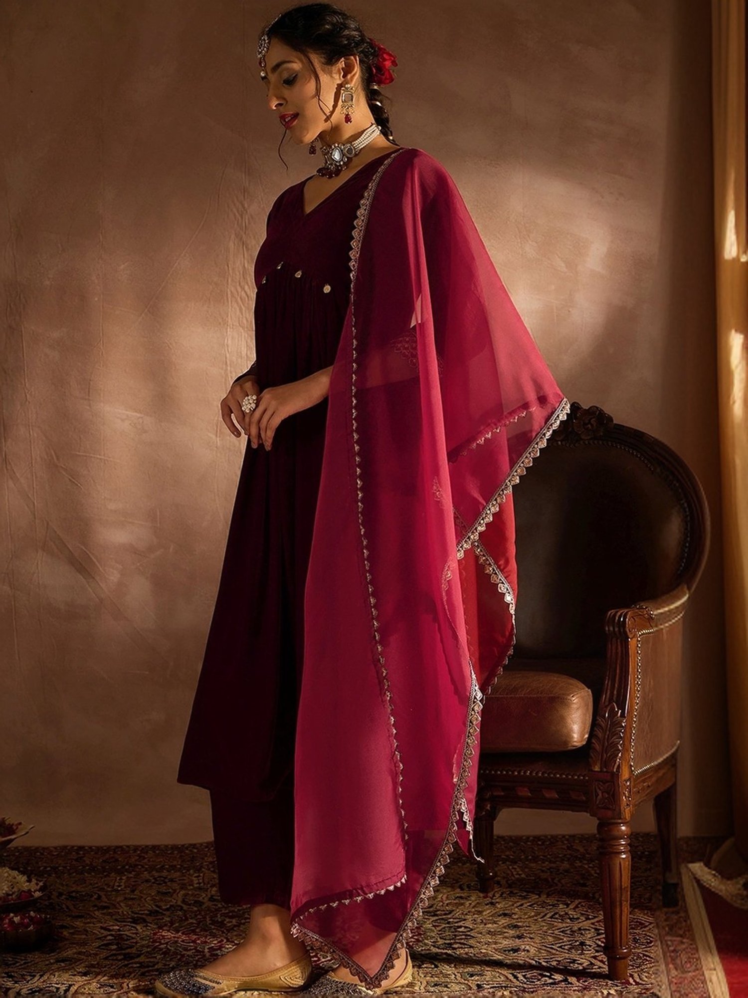 Indo Era Maroon Embellished Kurta Pant Set With Dupatta