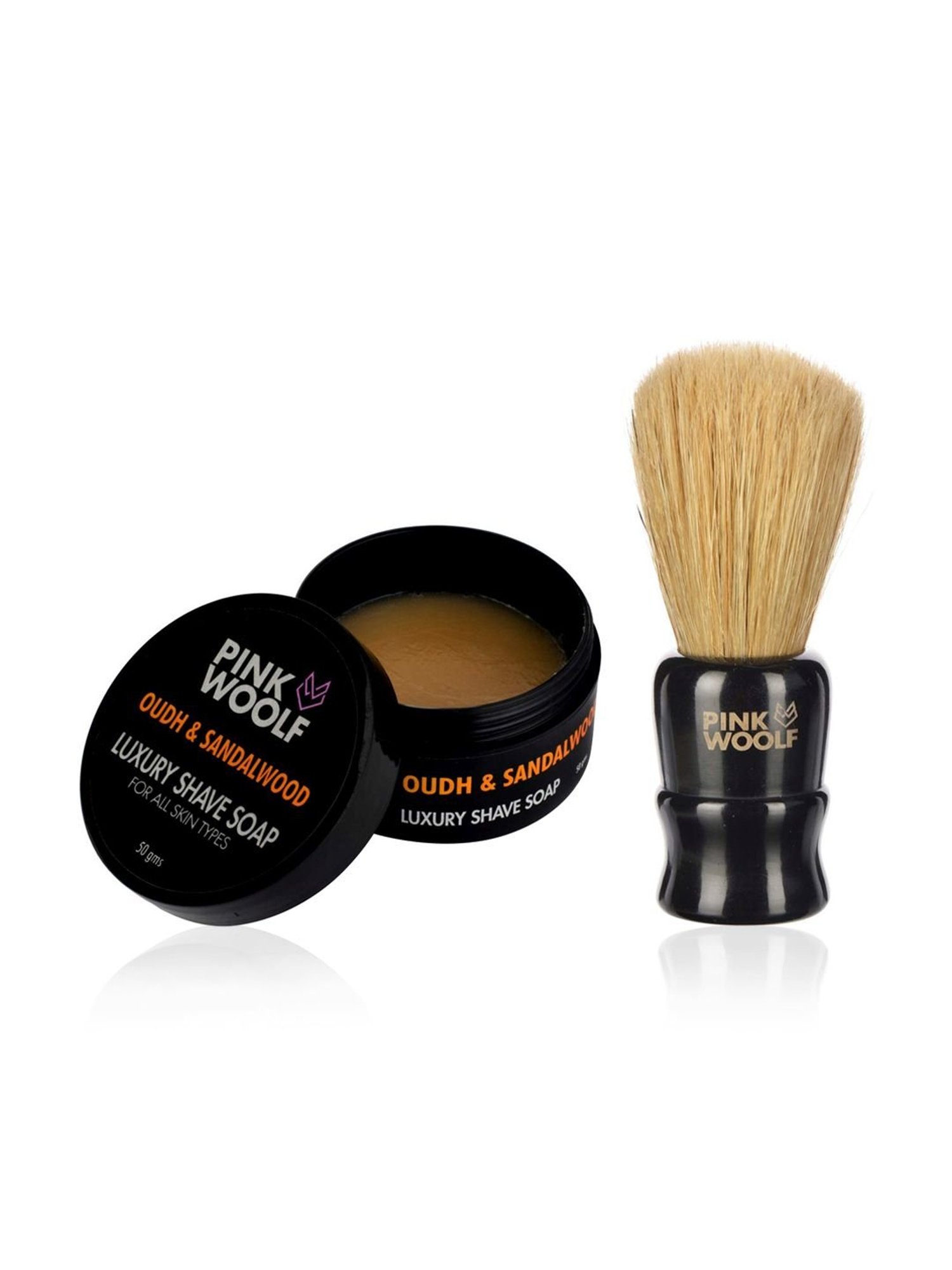 Pink Woolf Boar Hair Shaving Brush & Shaving Soap Combo Oudh & Sandalwood