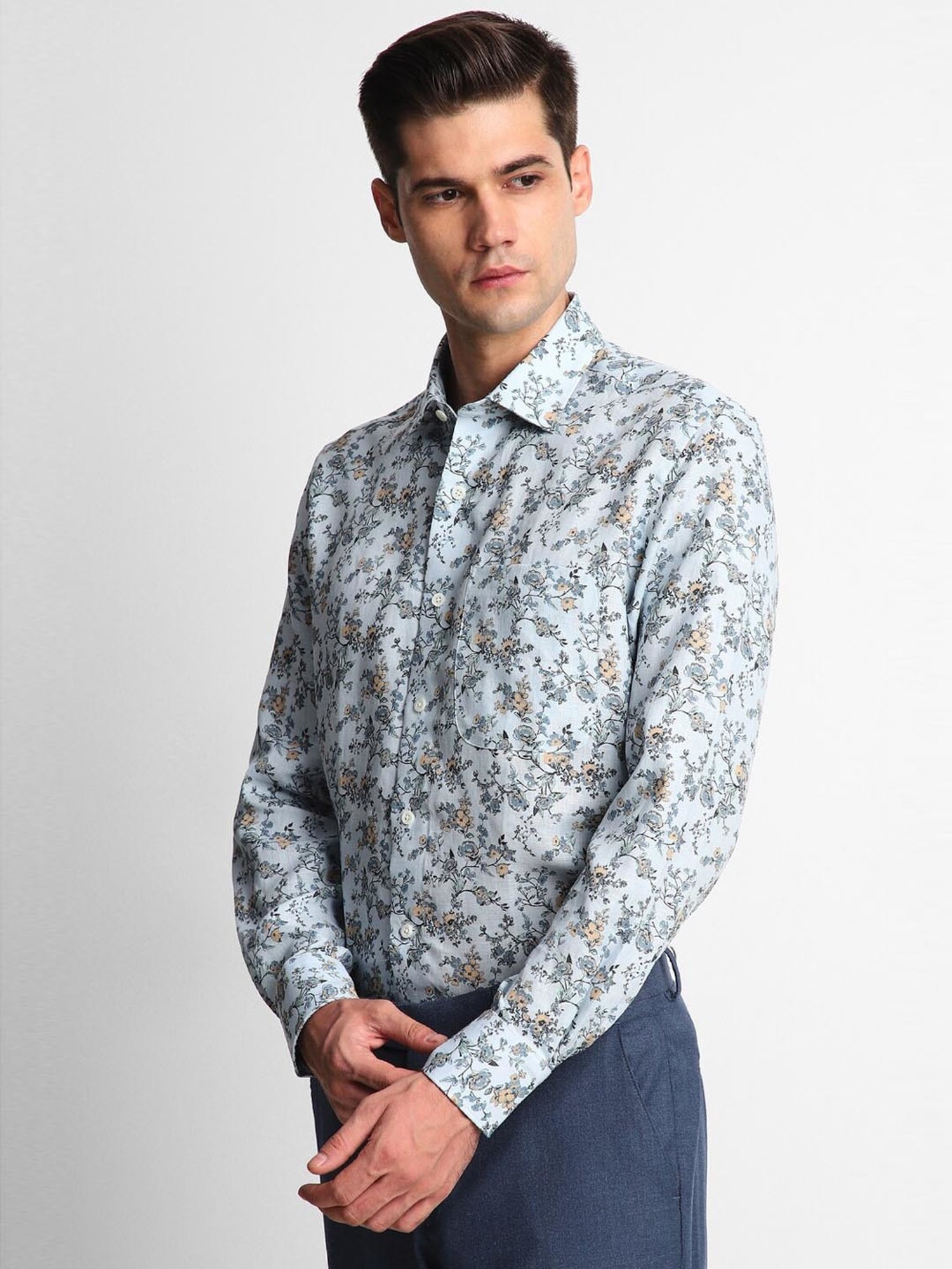 Luxure By Louis Philippe Blue Linen Regular Fit Printed Shirt