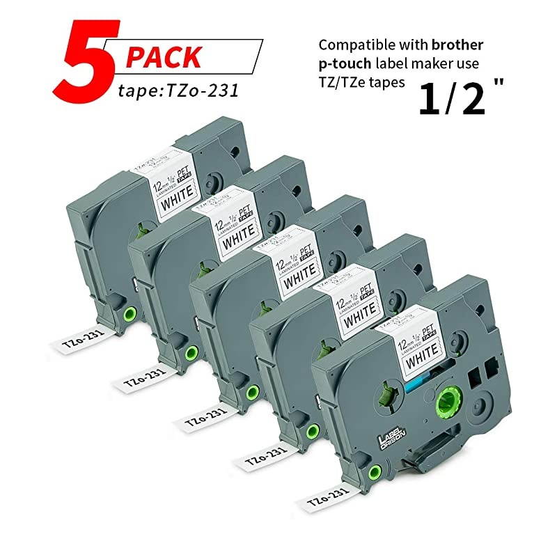 5PK 12 inch Maker Tape Compatible with Brother PTouch TZ TZe231 TZe 231 Standard Laminated Cassette TZo231 Black on White 12mm 047x262 Feet 8m