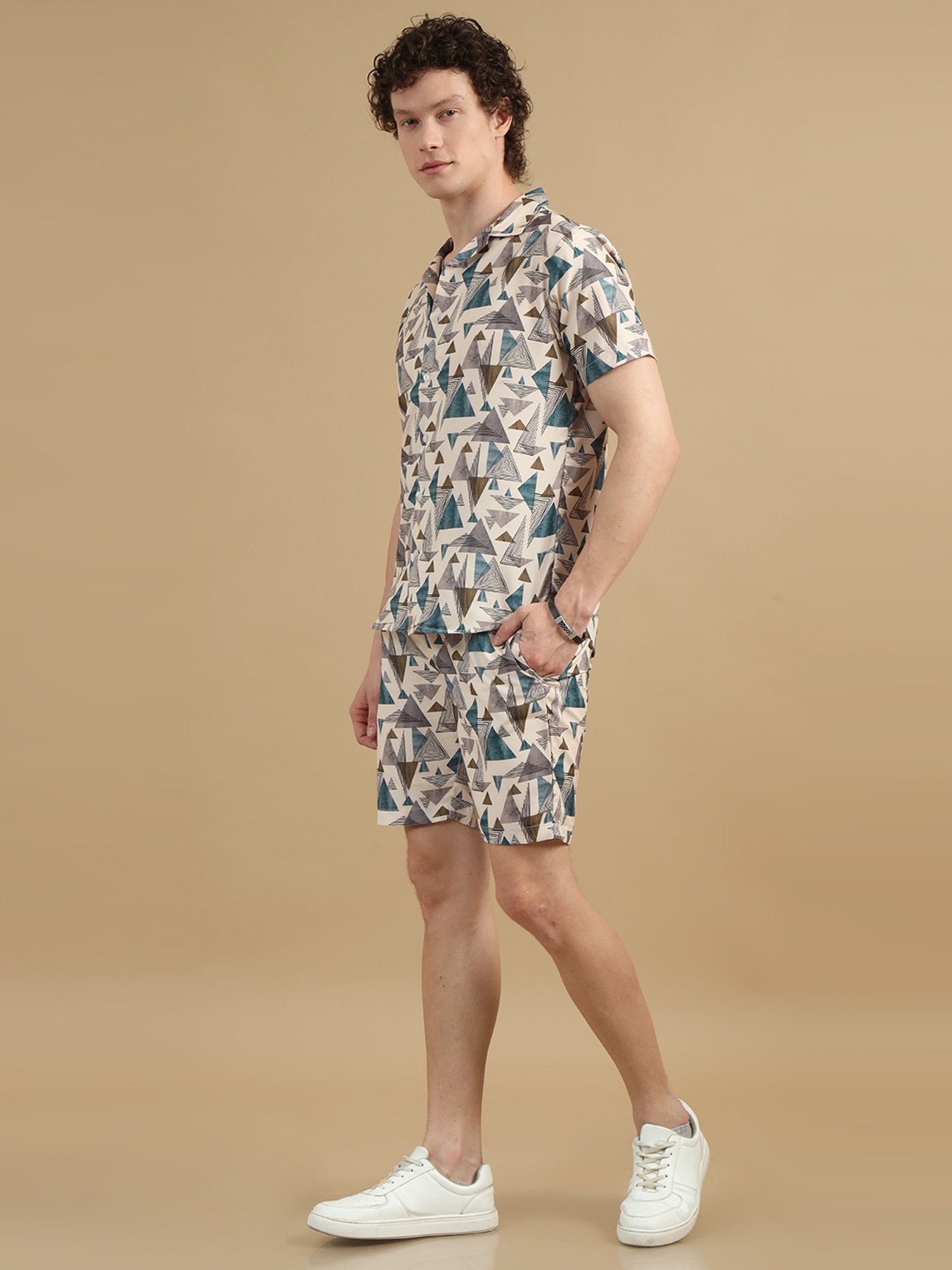 Bushirt Cream Regular Fit Printed Shirt & Shorts Set