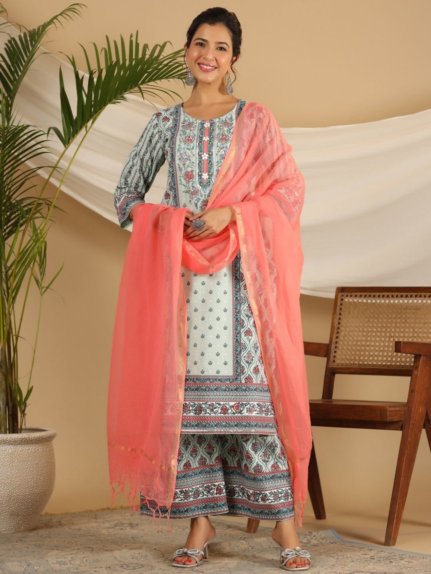 Juniper Mint Ethnic Motif Print Cotton Kurta Palazzos & Kota Doria Dupatta With Beads & Sequins