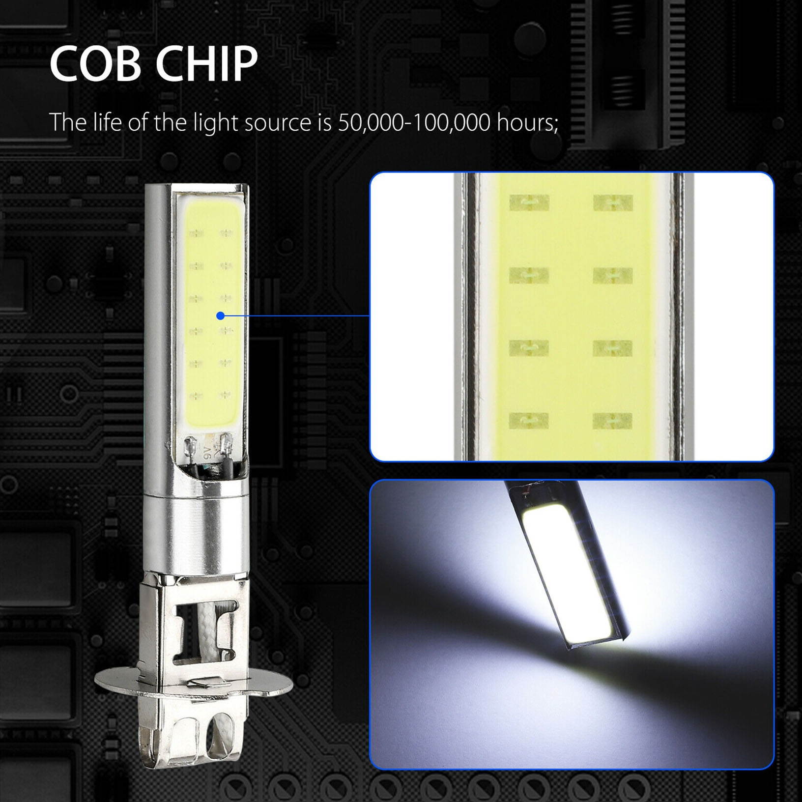 2Pack High Power H3 100W COB LED Xenon Pure White Fog Light SMD Car Bulb 6000K