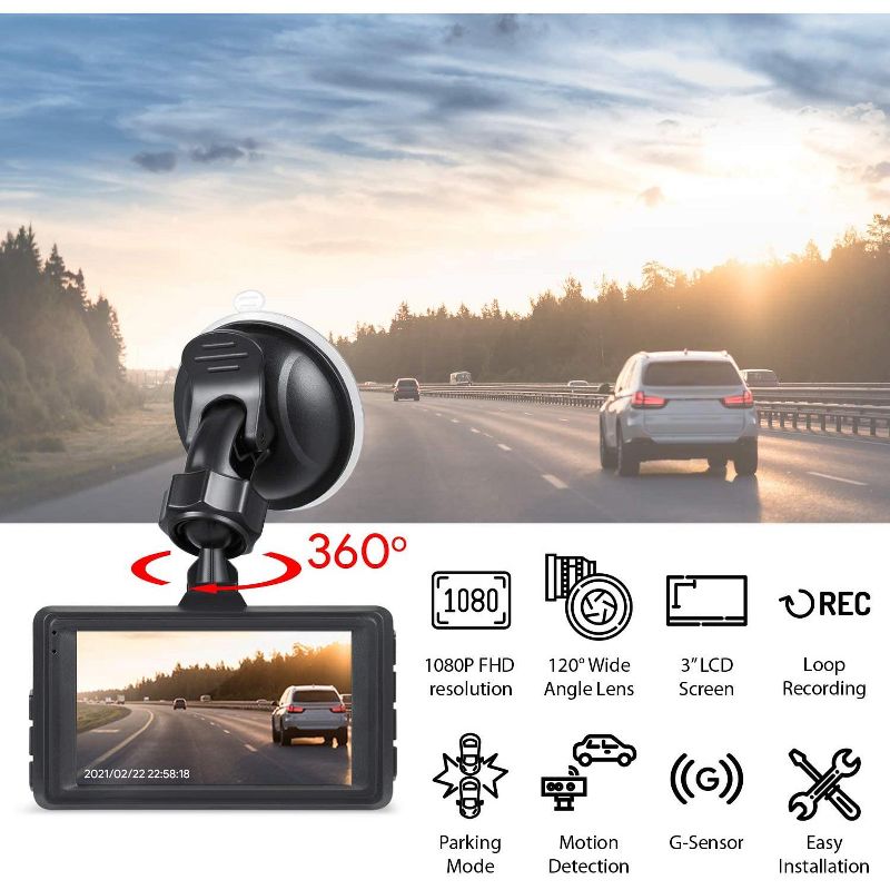 Dartwood Dash Cam with FHD 1080P, 3" LCD, 120^0 Wide Angle, WDR, Night Vision