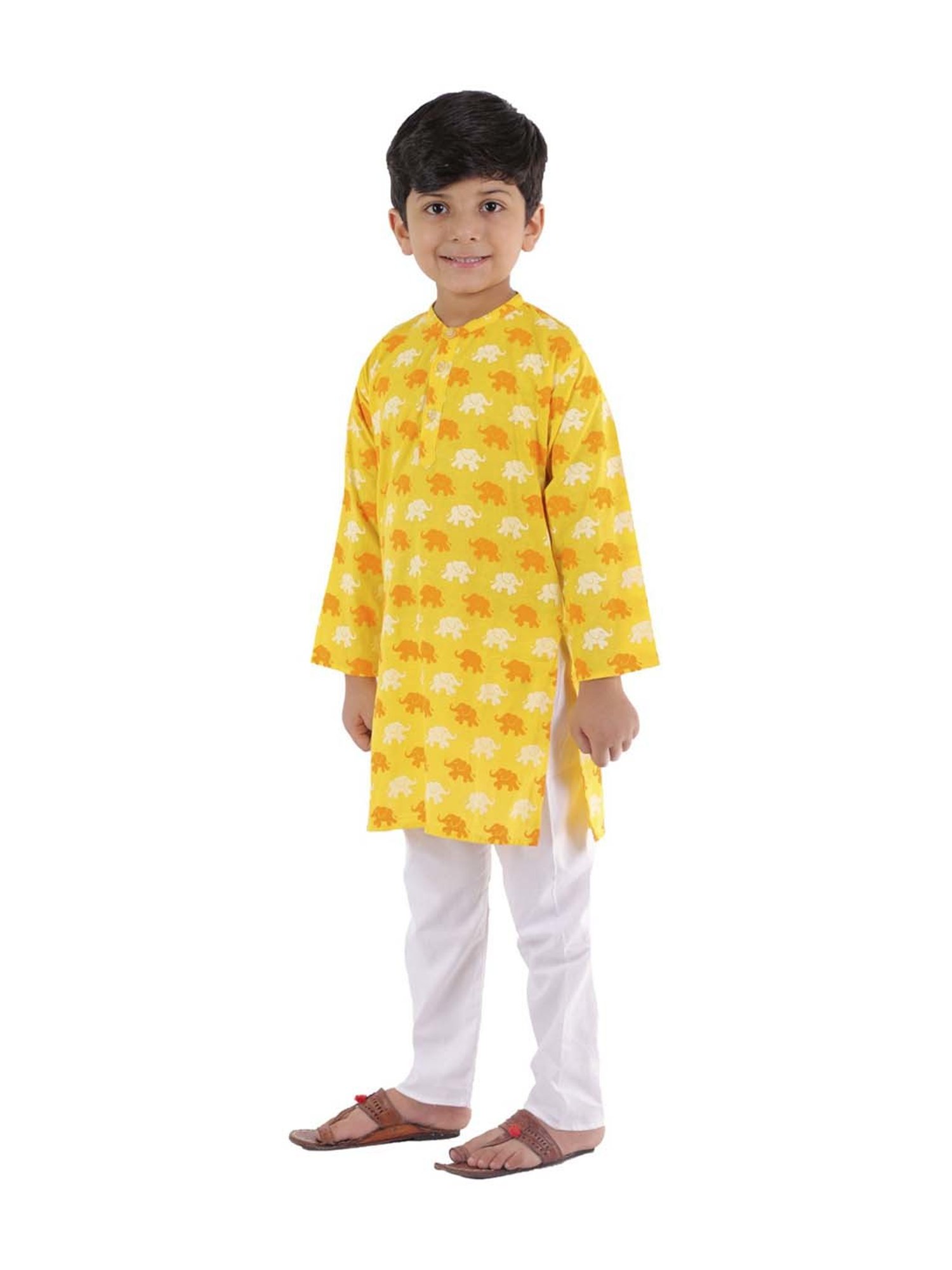 Ahhaaaa Kids Yellow & White Cotton Printed Kurta Set