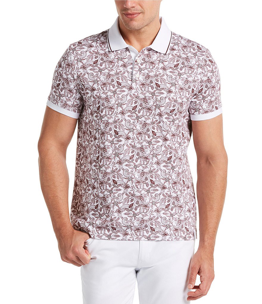 Perry Ellis Sketch Floral Print Short-Sleeve Polo Shirt