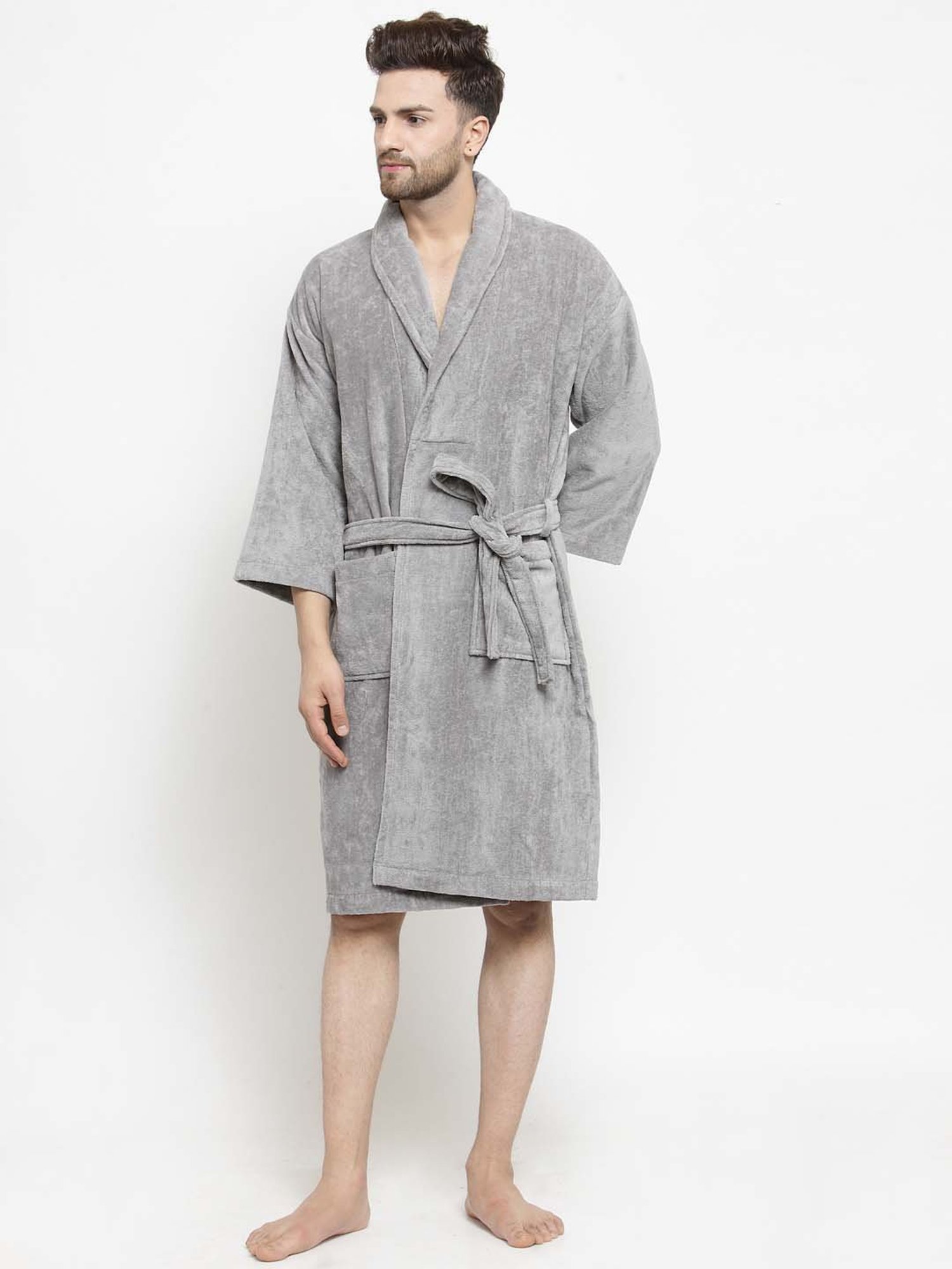 Creeva Everyday Red & Navy 225 GSM Micro Terry Bathrobe with Front Pocket & Kimono Collar