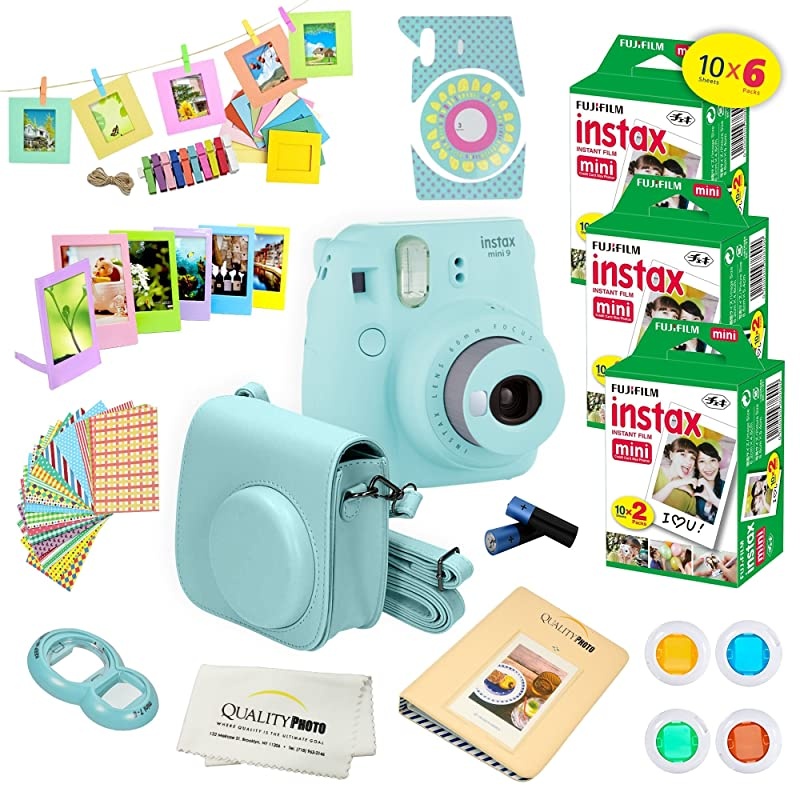 Instax Mini 9 Instant Camera w/ Instax Mini 9 Instant Films (60 Pack) + A14 Pc Deluxe Bundle for  Instax Mini 9 Camera (Yellow)
