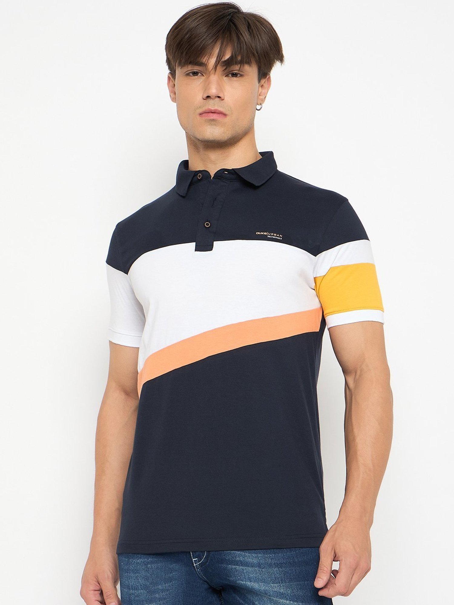 Duke Navy Slim Fit Colour Block Polo T-Shirt