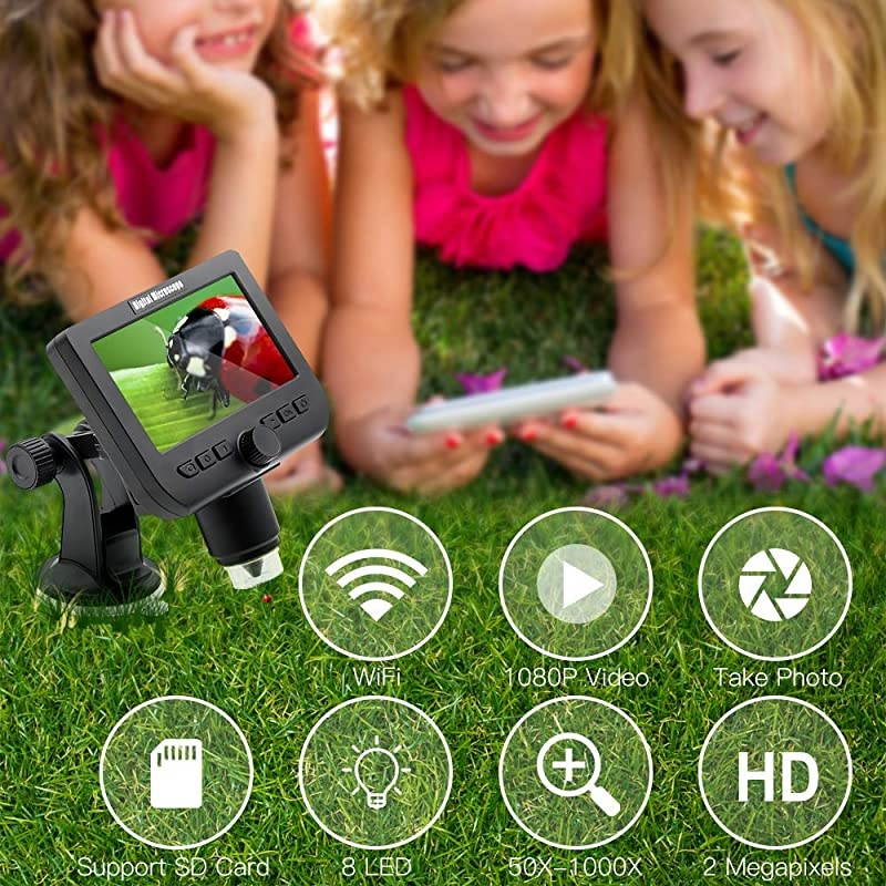 Digital Wireless Microscope,  4.3 Inches LCD USB Digital Microscope 1080P 50X to 1000X WiFi Magnification Magnifier with 8 LED Adjustable Lights