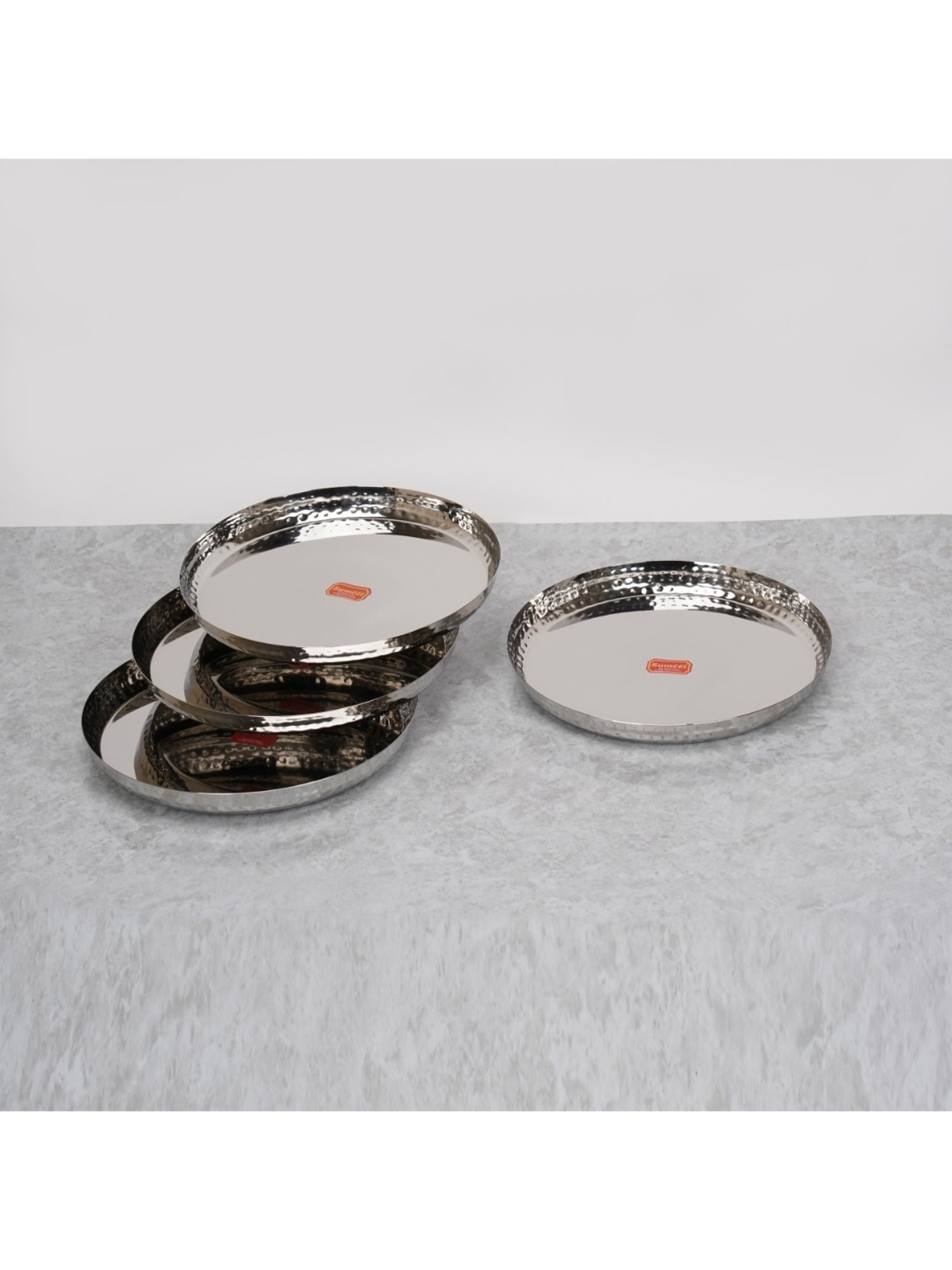 Sumeet S.S.Handcrafted Hammered Texture Heavy Gauge Mirror Finish Royal Dinner Plate set-4pc,29.5cm