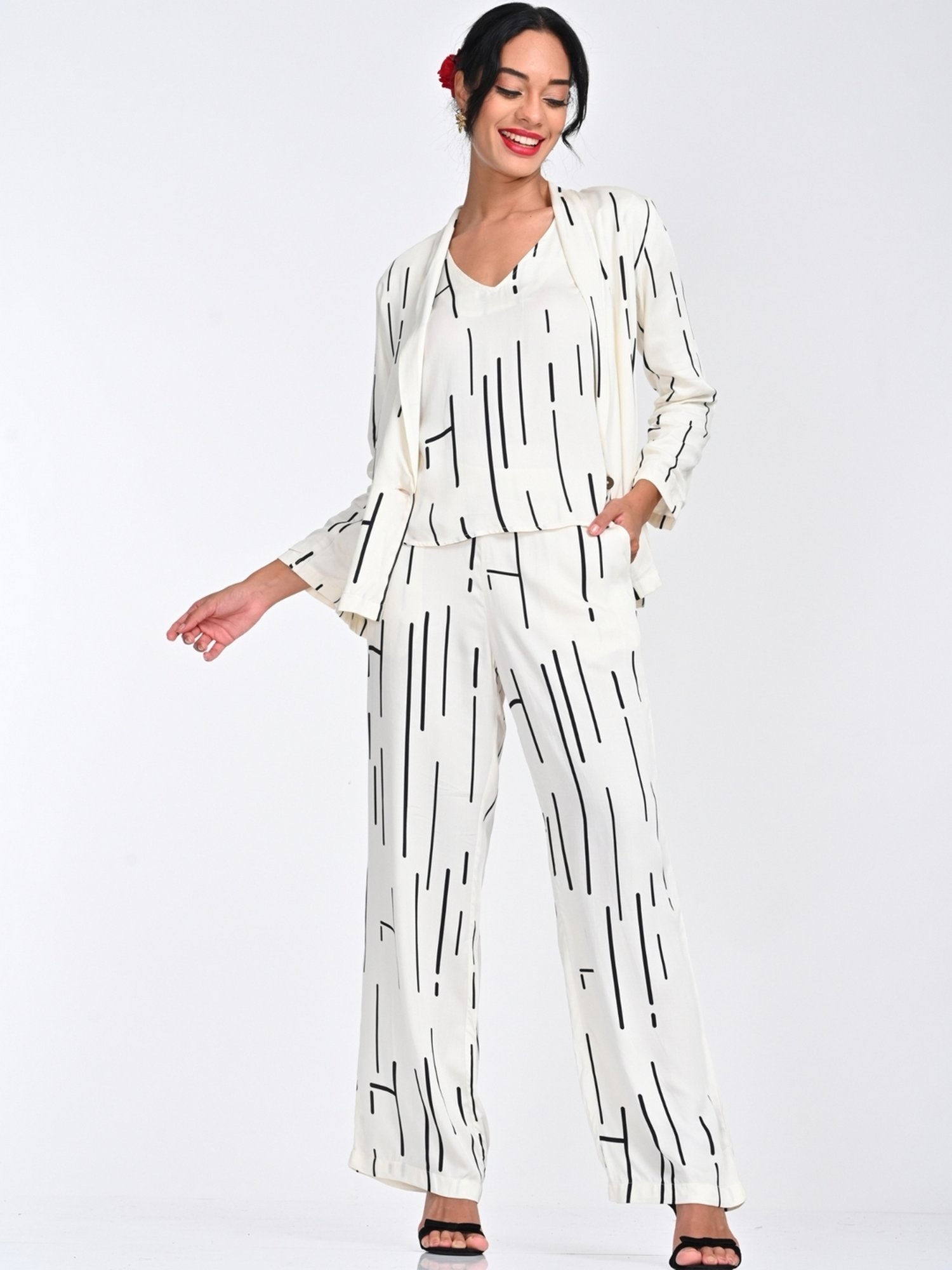 Saltpetre Women Modal Cedar Print Cream Shawl Collar Blazer