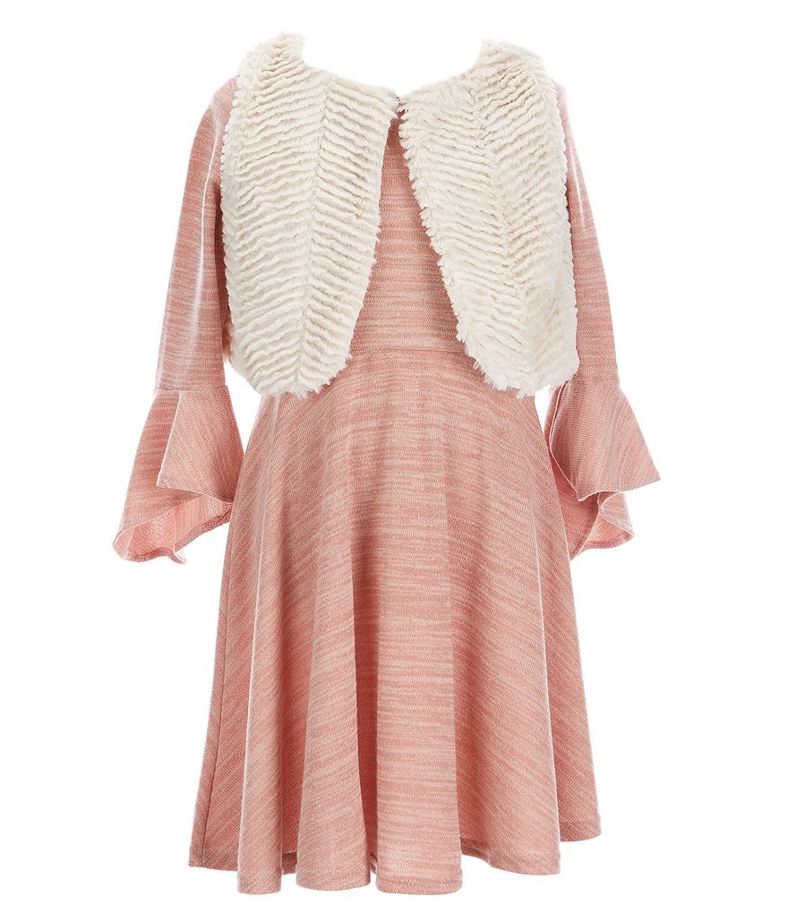 Rare Editions Little Girls 4-6X Bell Long-Sleeve Sweater Knit Fit-And-Flare Dress With Fur Vest