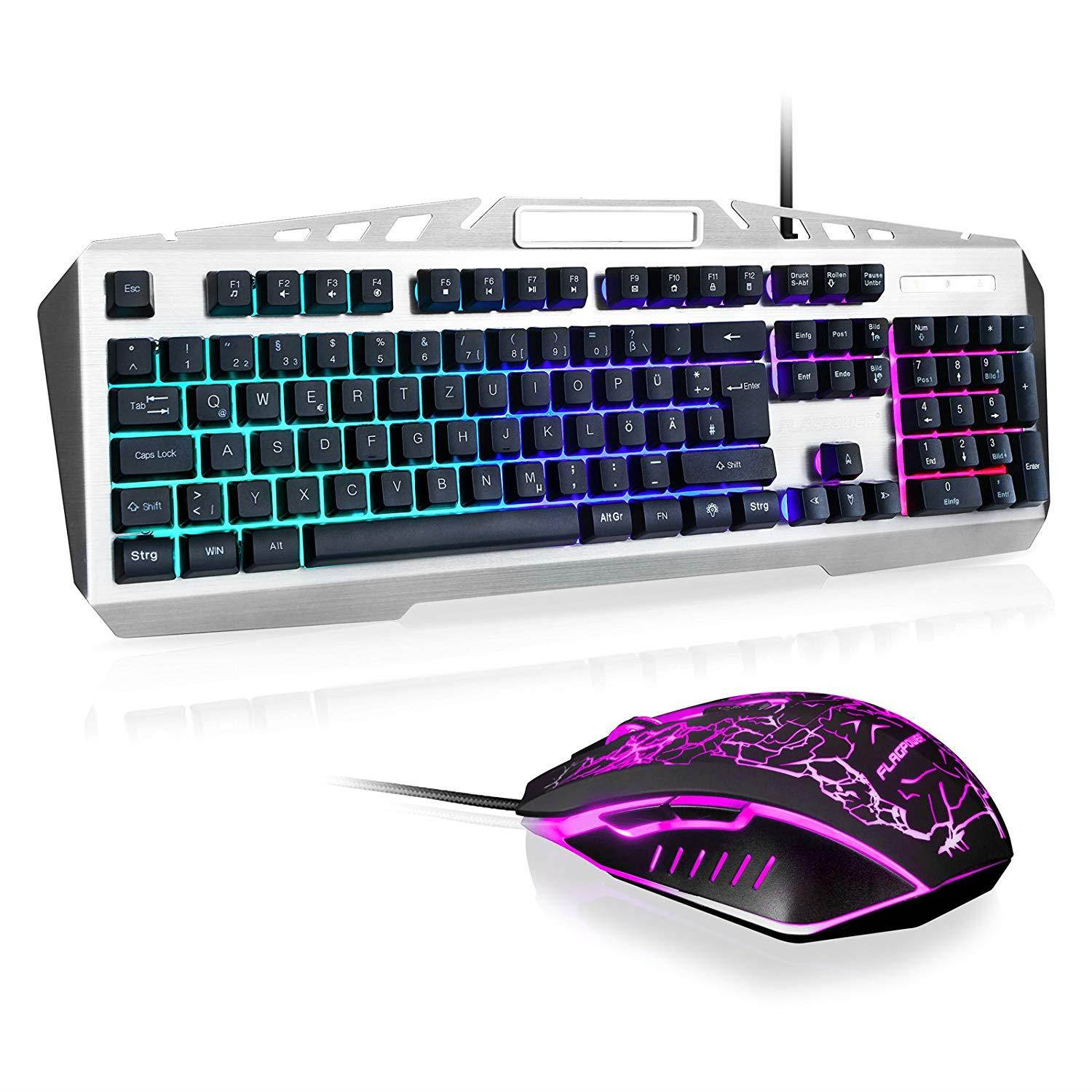 FLAGPOWER Gaming Keyboard Mouse Combo LED Backlit Mechanical Feeling Bundle Set Metal Aluminum-Alloy Phone Holder Computer PC Games Office(New Version)