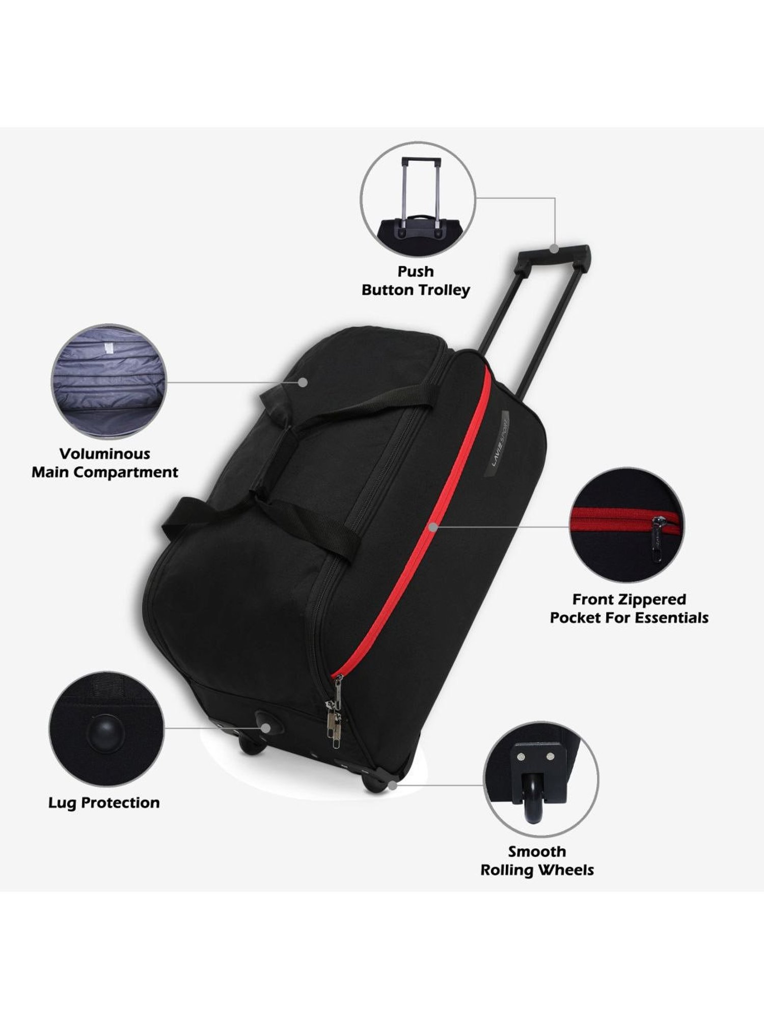 Lavie Sport Large Size 63 Cms Lino Wheel Duffle Bag | (Black)