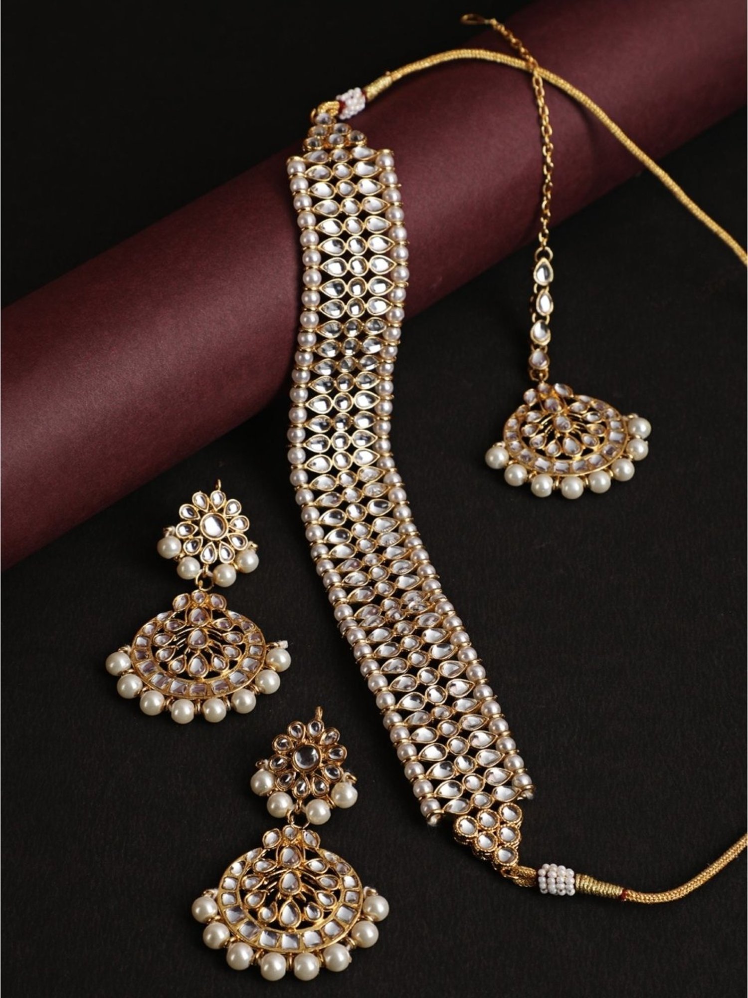 Aatmana Gold-Toned Kundan & Pearl Necklace, Earring & Maang Tikka Set