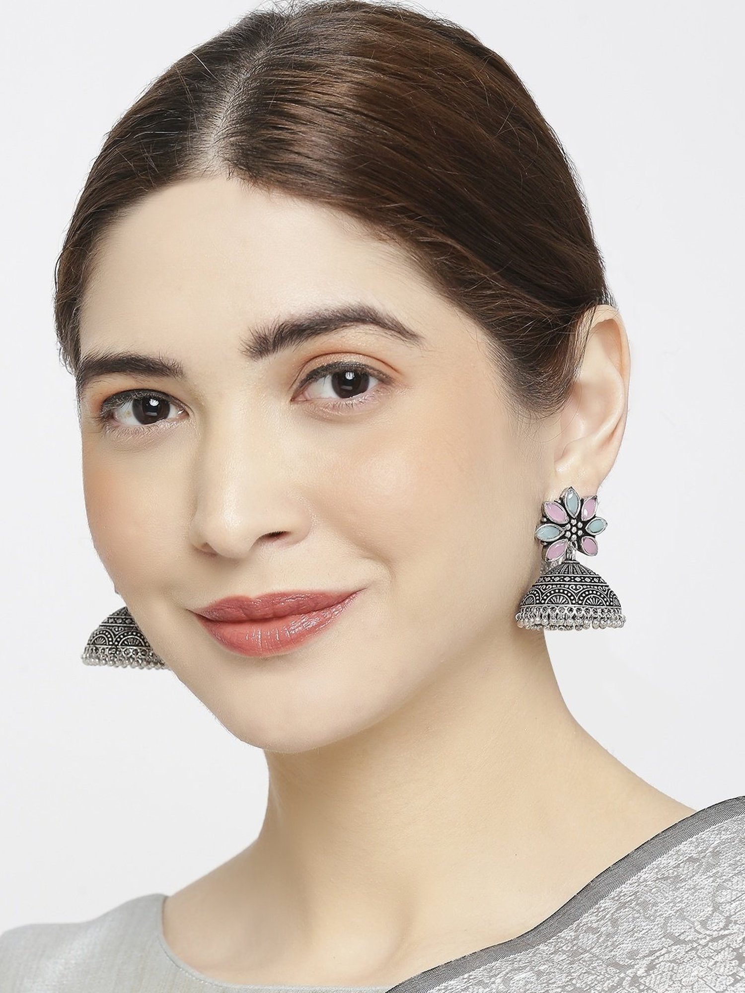 OOMPH Jewellery Oxidized Silver Look Alike Green & Pink Stone Floral Ethnic Jhumki