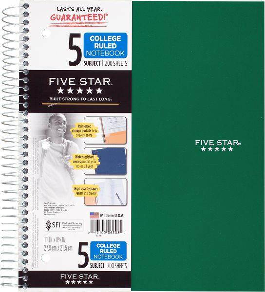 Five Star Wirebound College Ruled Notebook - 5 Subject - Education Organization