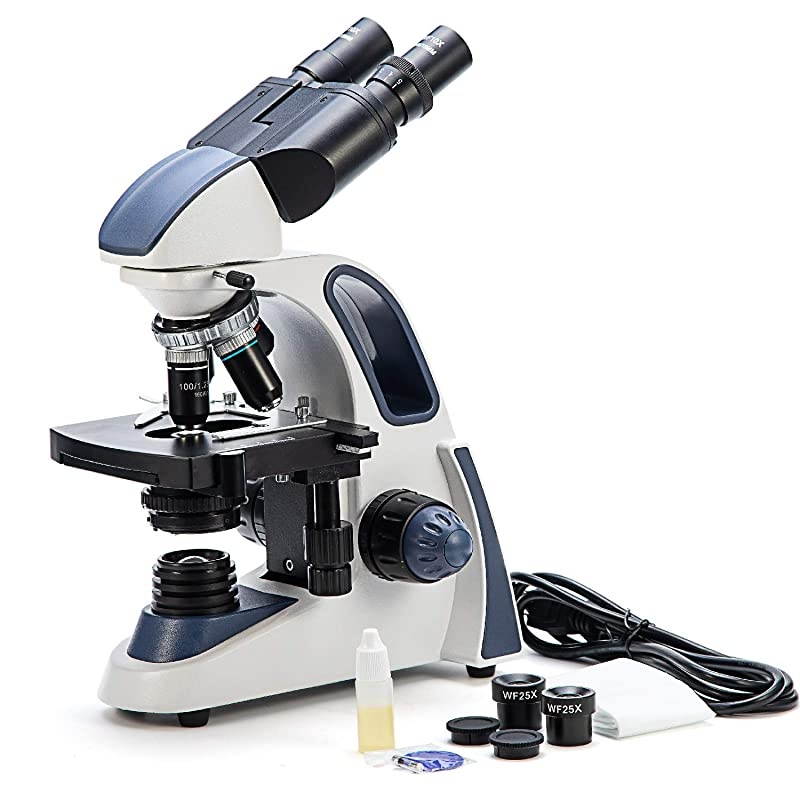 SW380B 40X2500X Magnification Siedentopf Head ResearchGrade Binocular Compound Lab Microscope with WideField 10X and 25X Eyepieces Mechanical Stage Abbe Condenser UltraPrecise Focusing