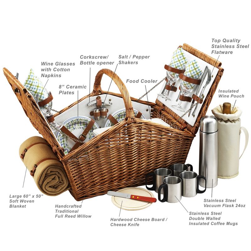 Picnic at Ascot Huntsman English- Style Willow Picnic Basket with Service for 4, Coffee Set and Blanket - Gazebo