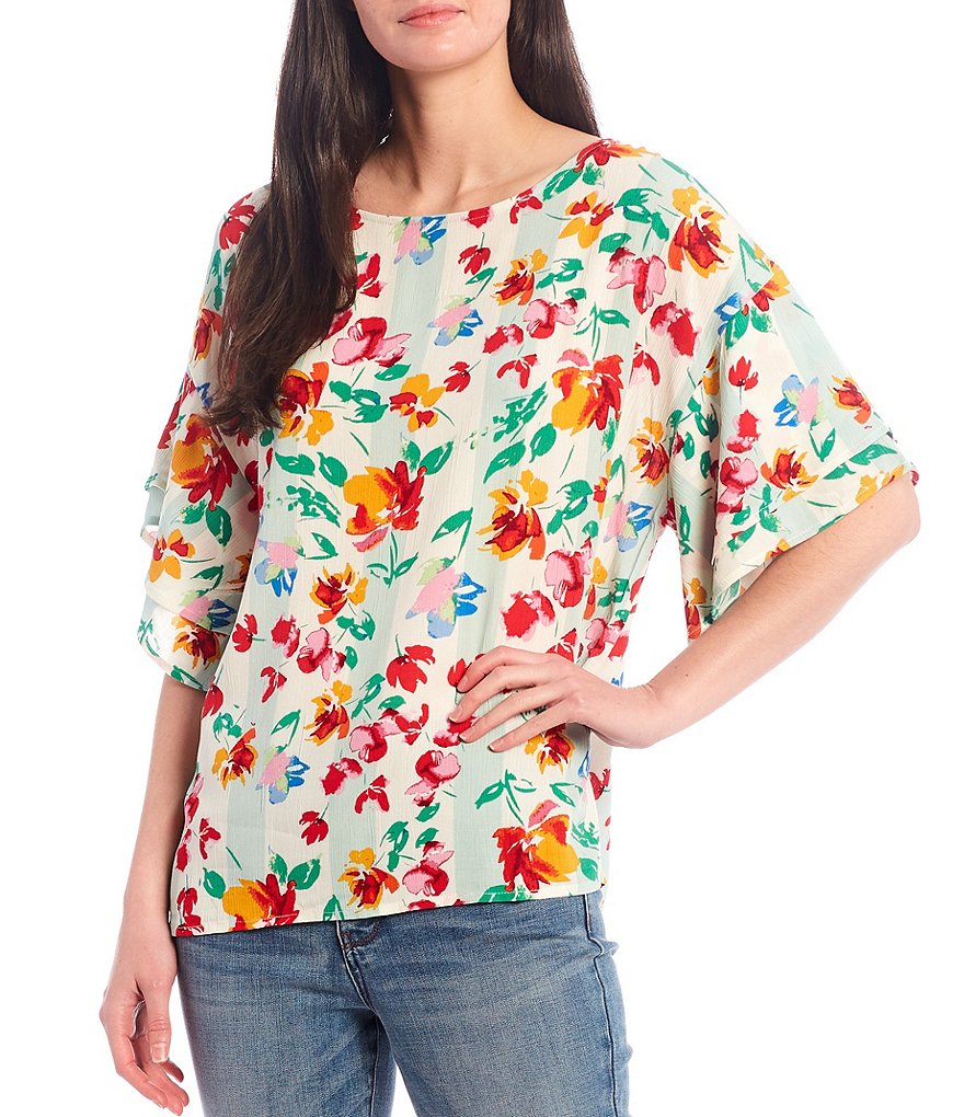Bobeau Floral Print Double Ruffle Sleeve Jewel Neck Top