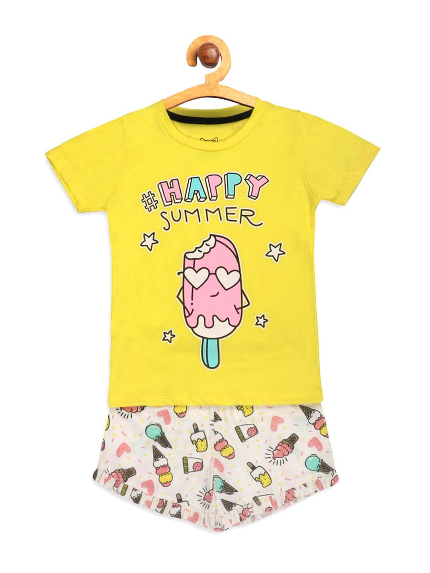 Lazy Shark Kids Yellow & Cream Printed  Top with  Shorts