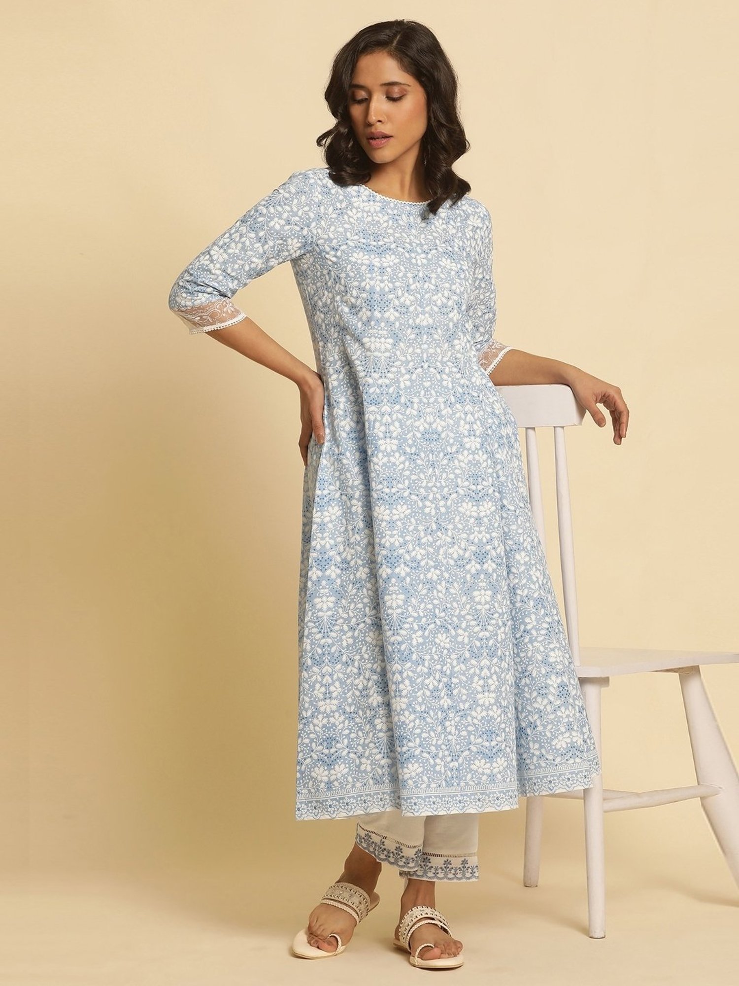 W Blue Cotton Printed Fit and Flare Kurta
