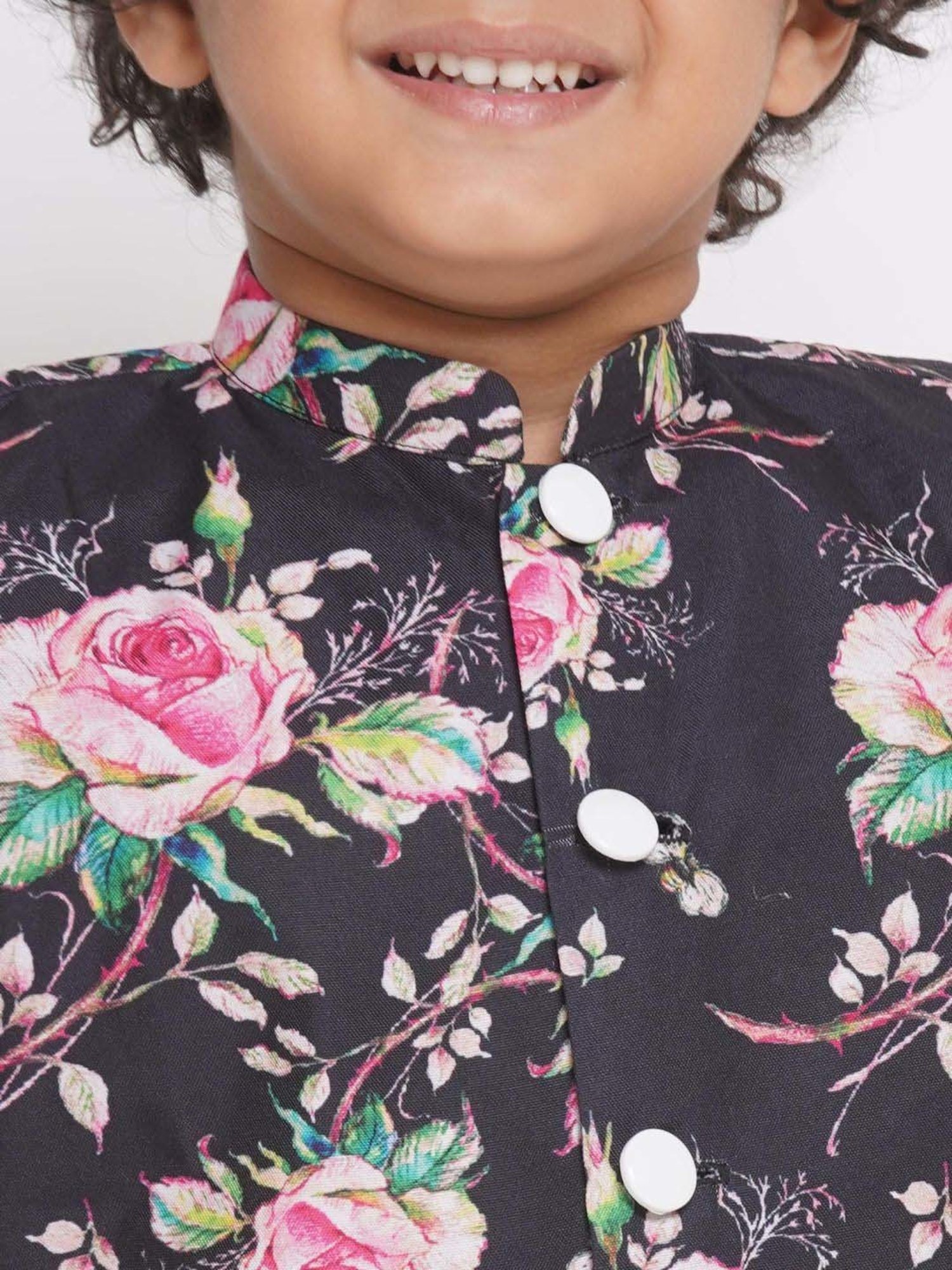 Little Bansi Kids Black & Pink Cotton Floral Print Full Sleeves Kurta Set